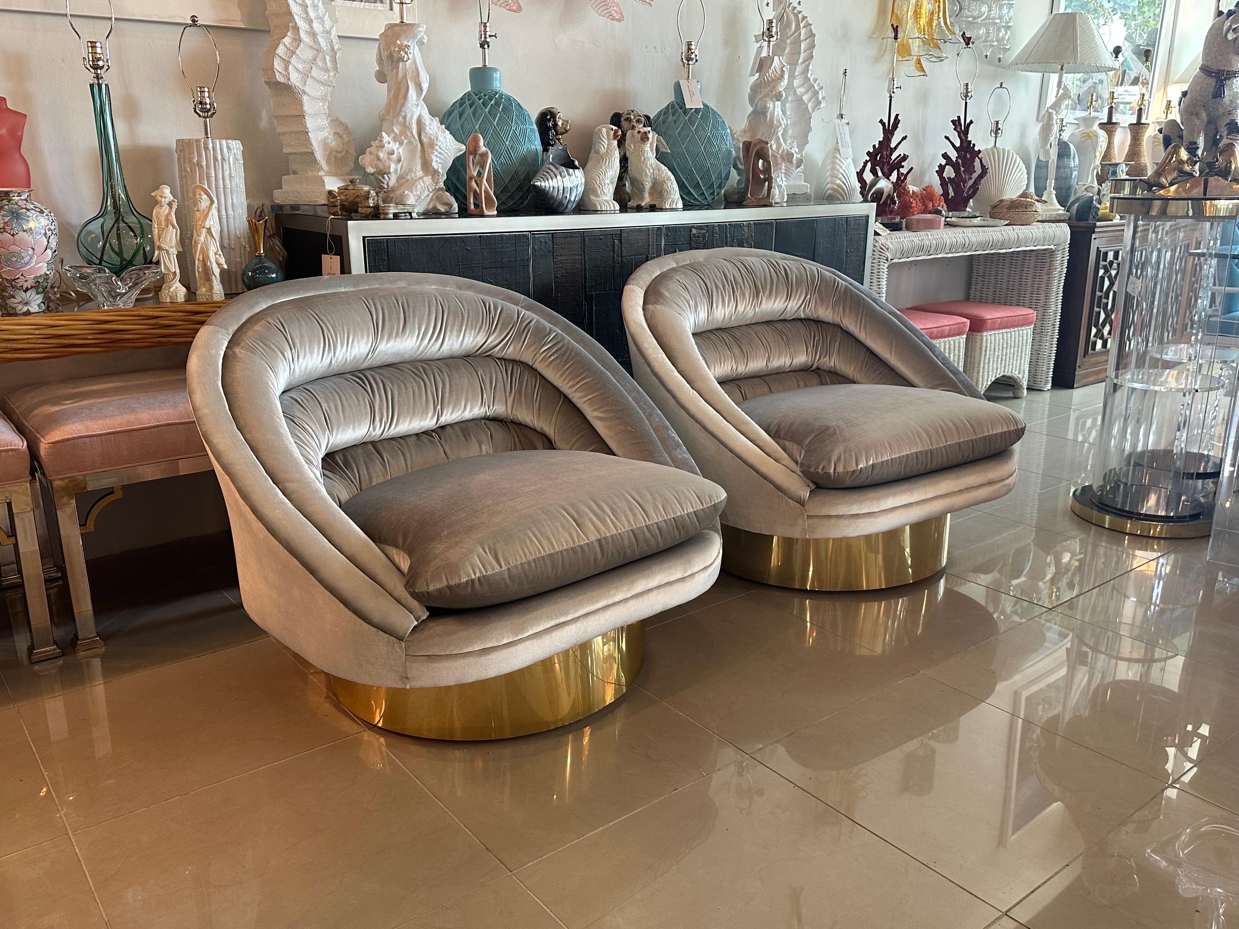 Pair of Crescent Swivel Chairs Brass Base Upholstered Velvet 2