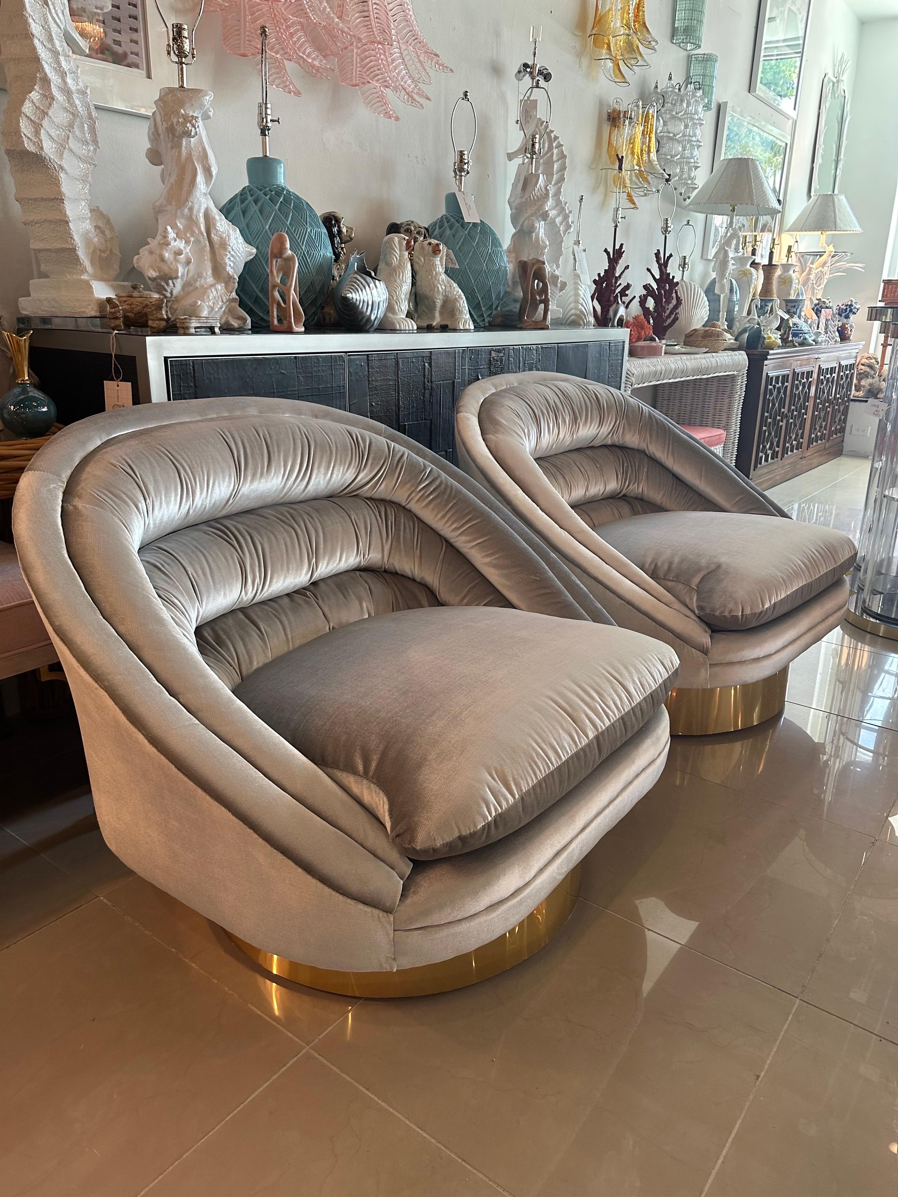 Pair of Crescent Swivel Chairs Brass Base Upholstered Velvet 3