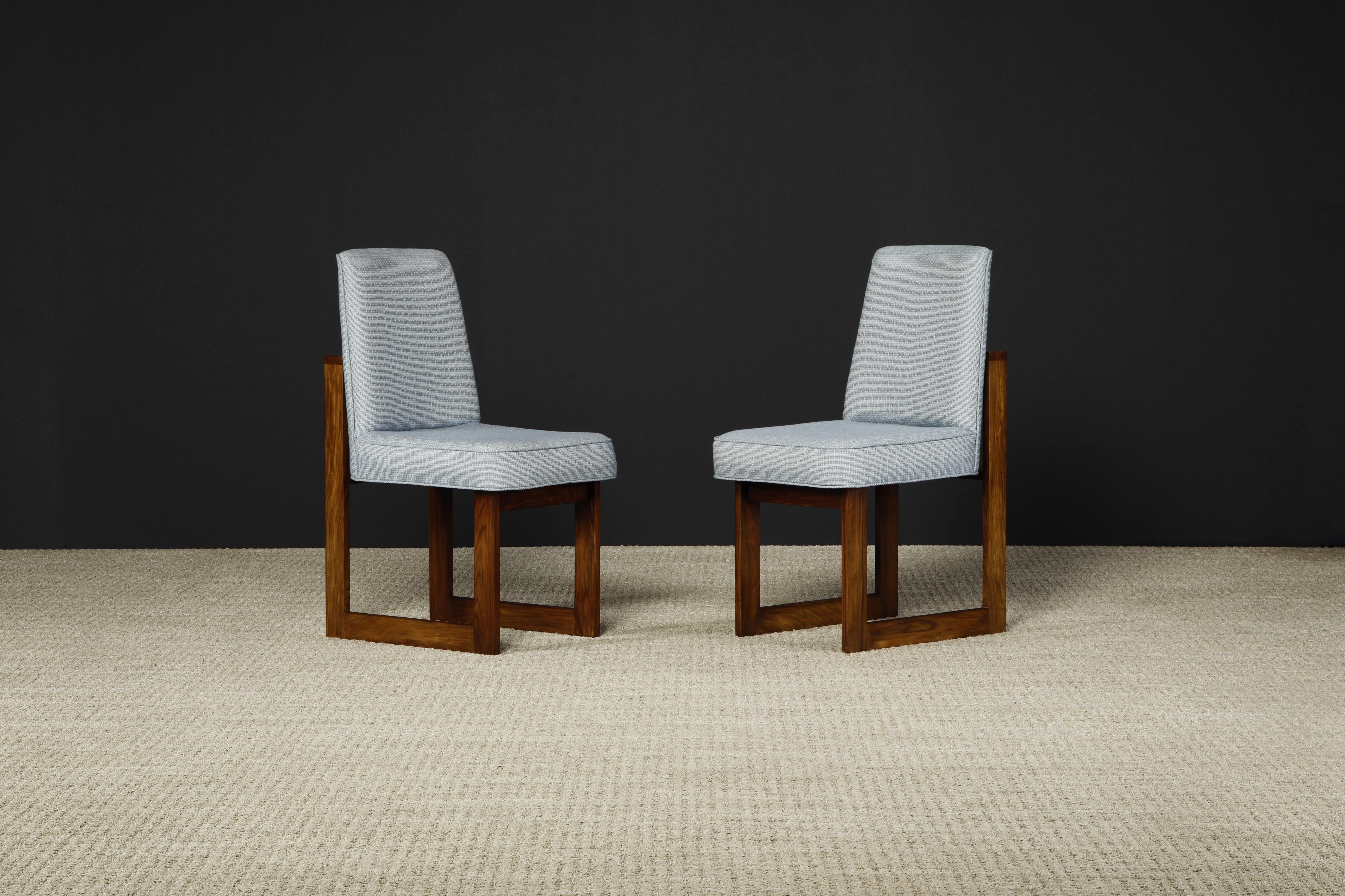 A beautiful set of Vladimir Kagan model #6724 sled based 'Cubist' chairs, circa 1967 New York. These side chairs feature walnut frames in an angular geometric form.

Designed in 1967, this set presumably very early examples as they have the rare
