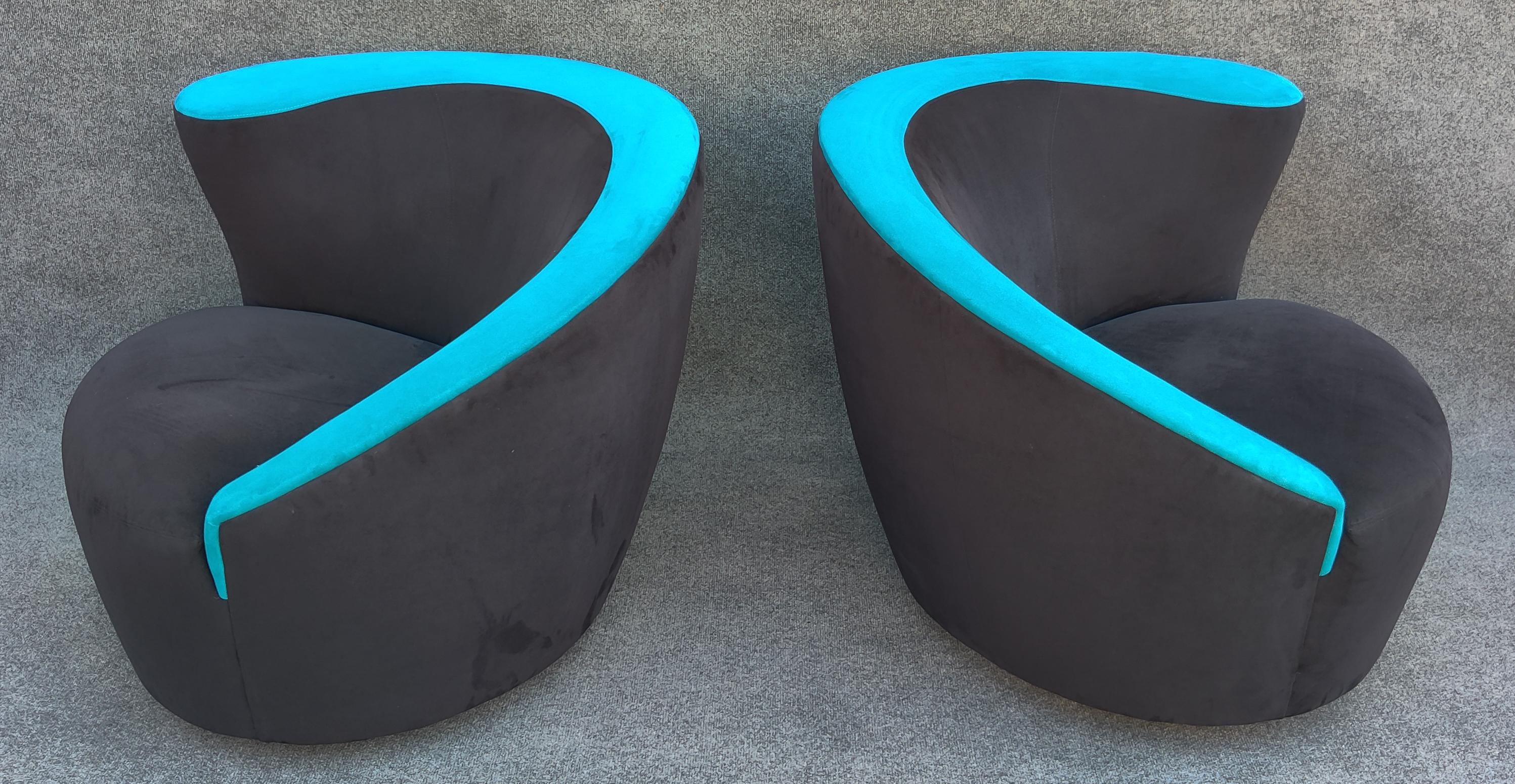 Pair of Vladimir Kagan Directional Nautilus Corkscrew Swivel Chairs Black & Blue For Sale 3