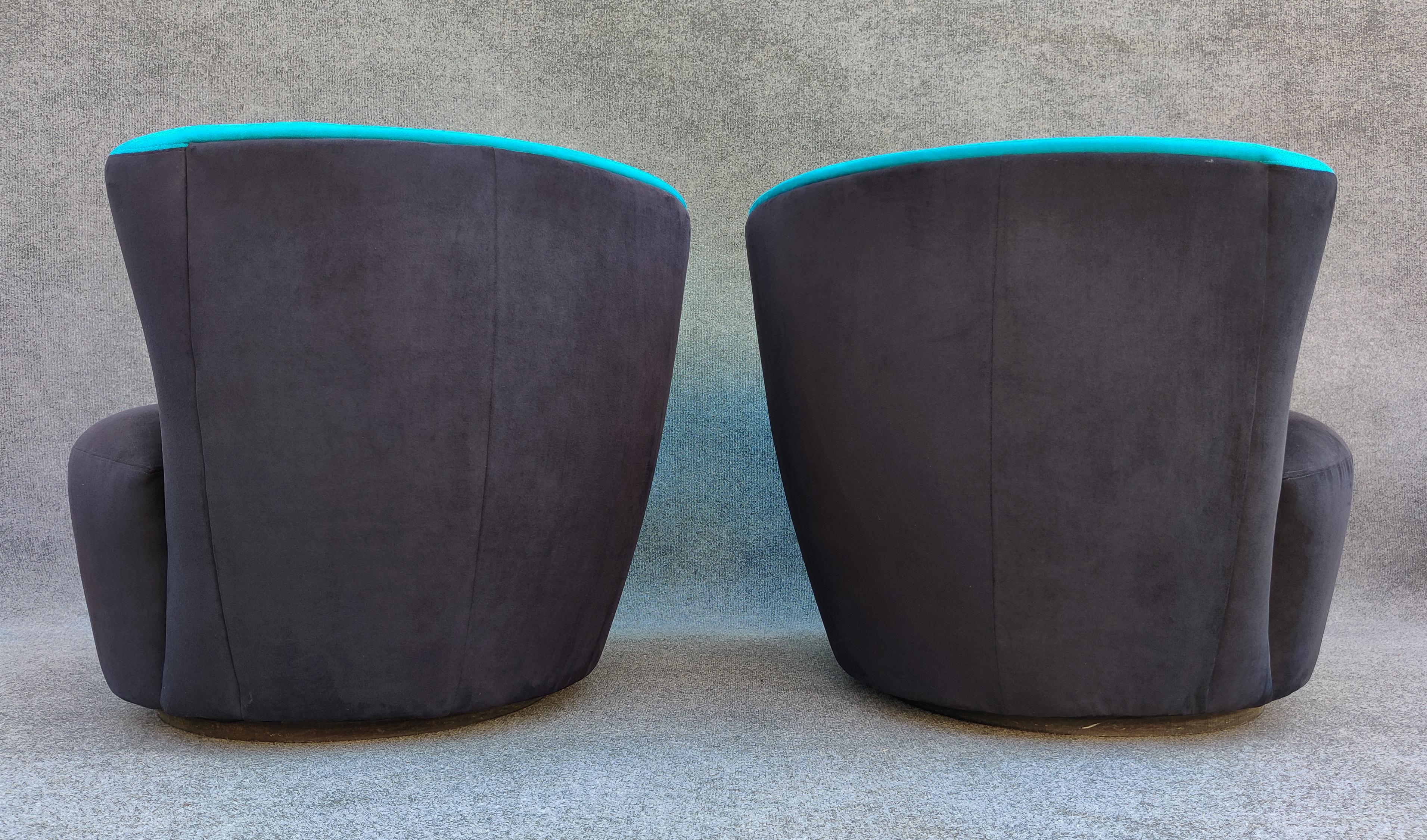 Pair of Vladimir Kagan Directional Nautilus Corkscrew Swivel Chairs Black & Blue For Sale 4