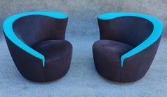 Pair of Vladimir Kagan Directional Nautilus Corkscrew Swivel Chairs Black & Blue