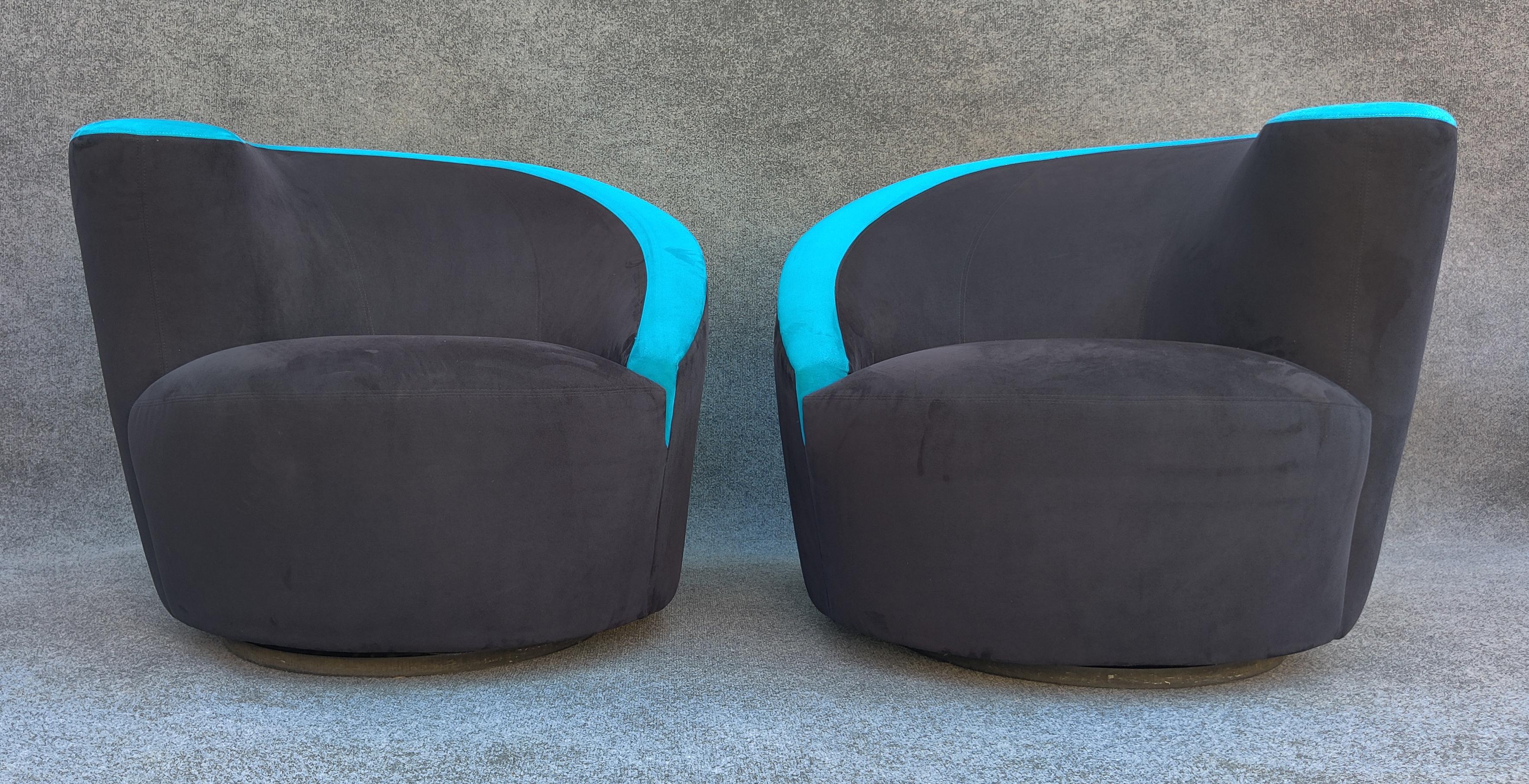 Mid-Century Modern Pair of Vladimir Kagan Directional Nautilus Corkscrew Swivel Chairs Black & Blue For Sale