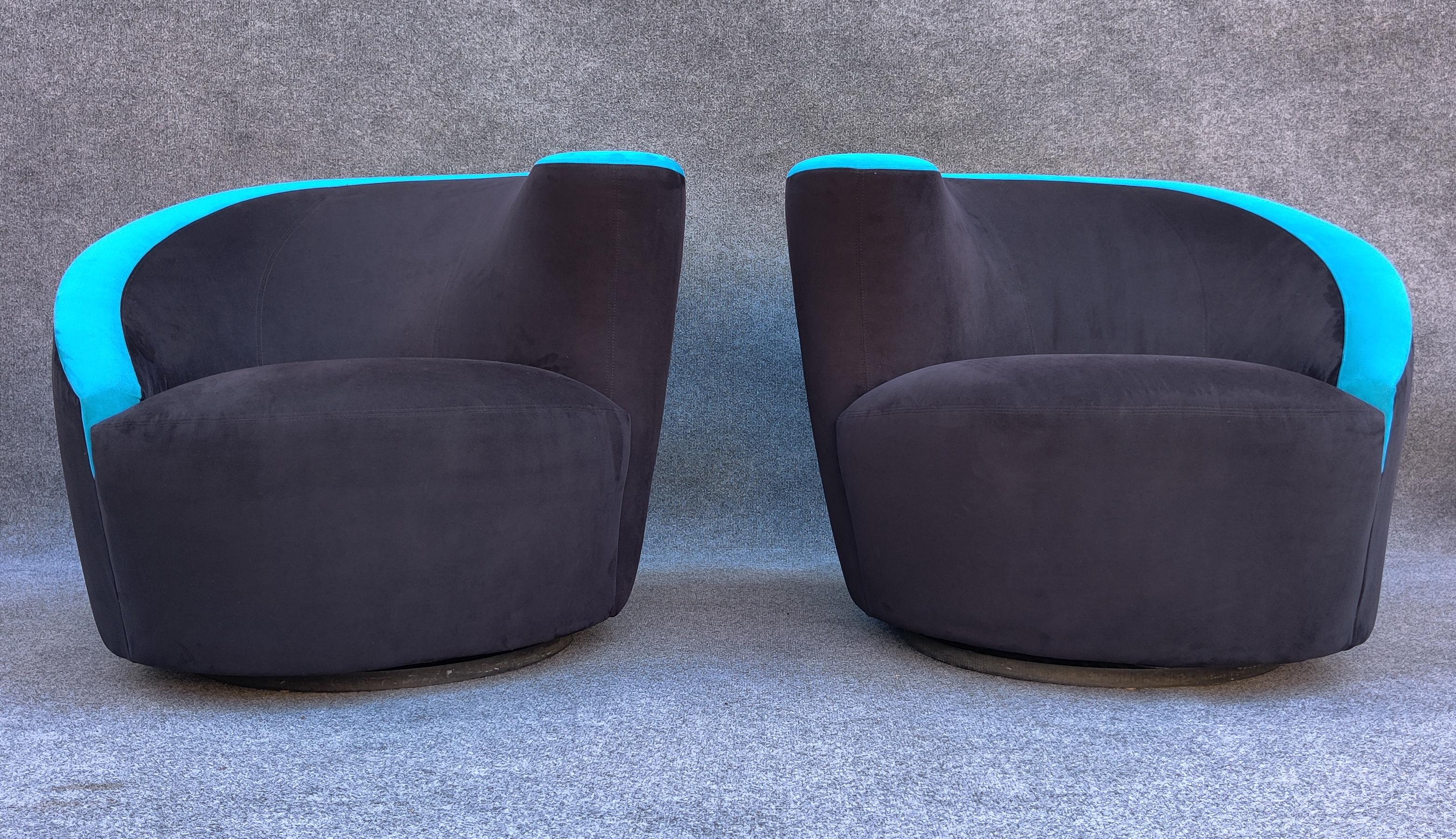 American Pair of Vladimir Kagan Directional Nautilus Corkscrew Swivel Chairs Black & Blue For Sale