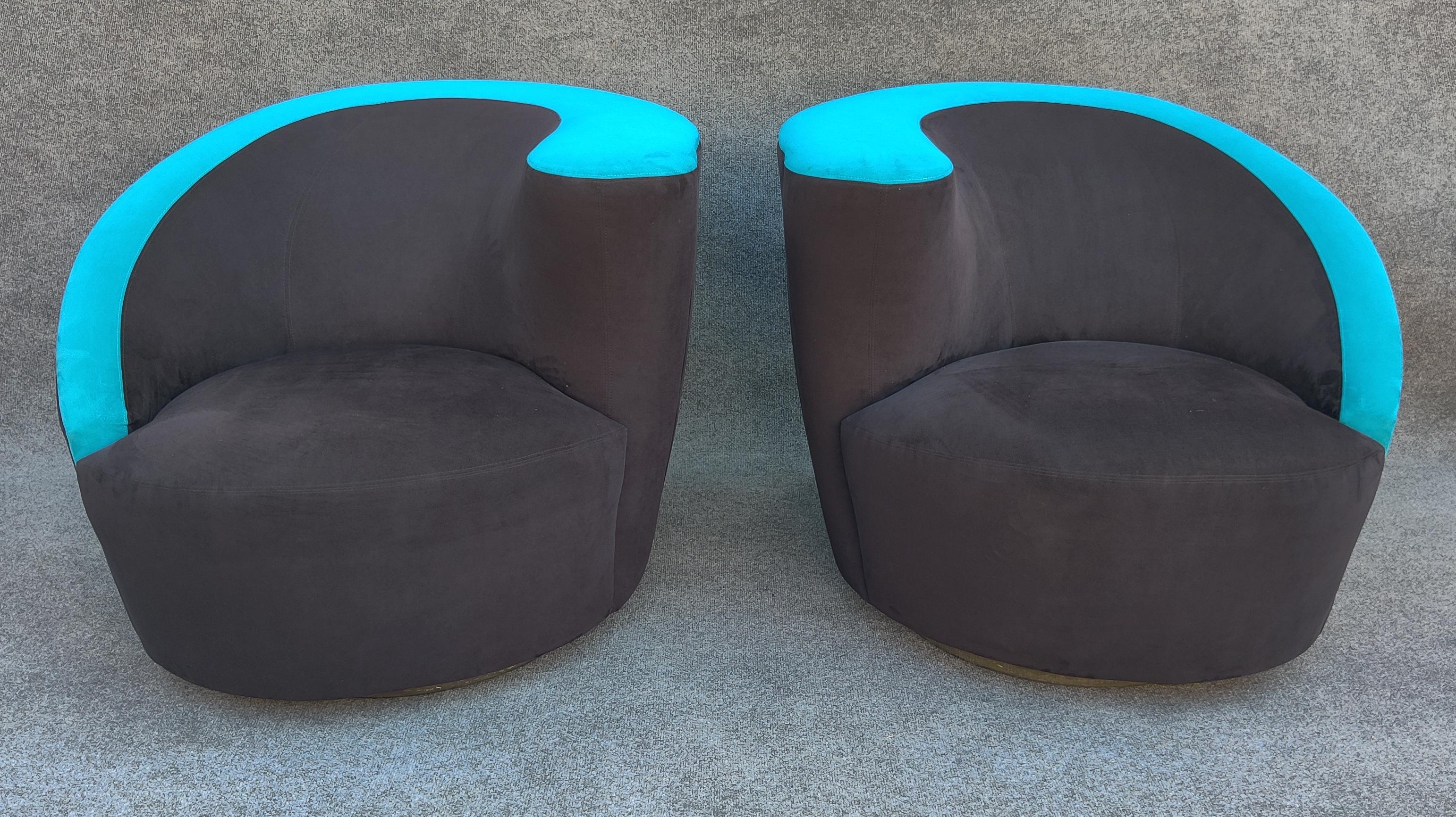 Upholstery Pair of Vladimir Kagan Directional Nautilus Corkscrew Swivel Chairs Black & Blue For Sale