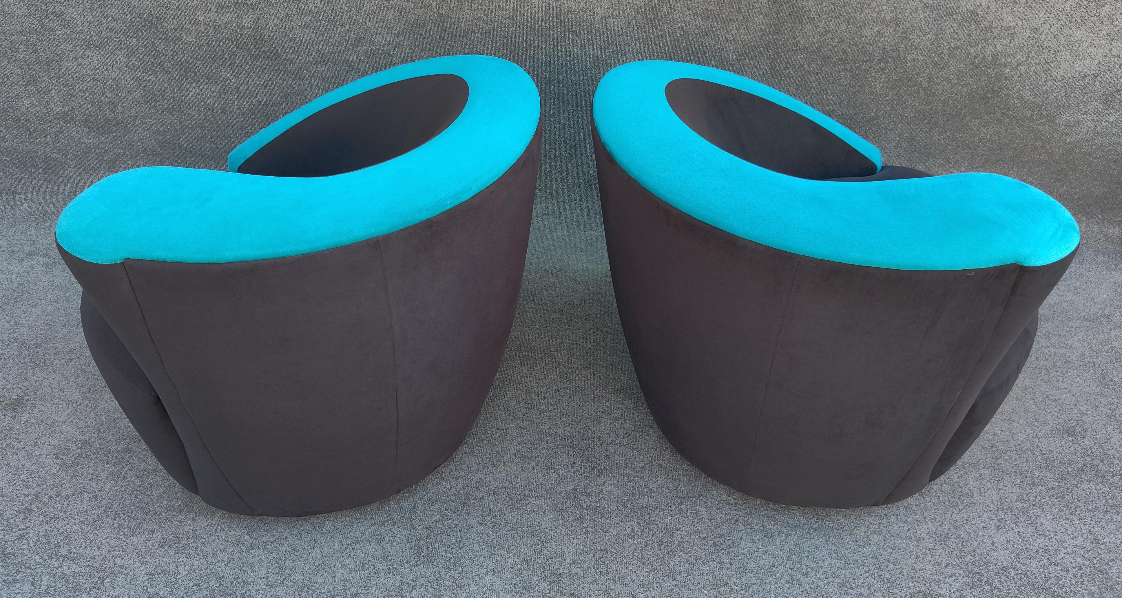 Pair of Vladimir Kagan Directional Nautilus Corkscrew Swivel Chairs Black & Blue For Sale 1