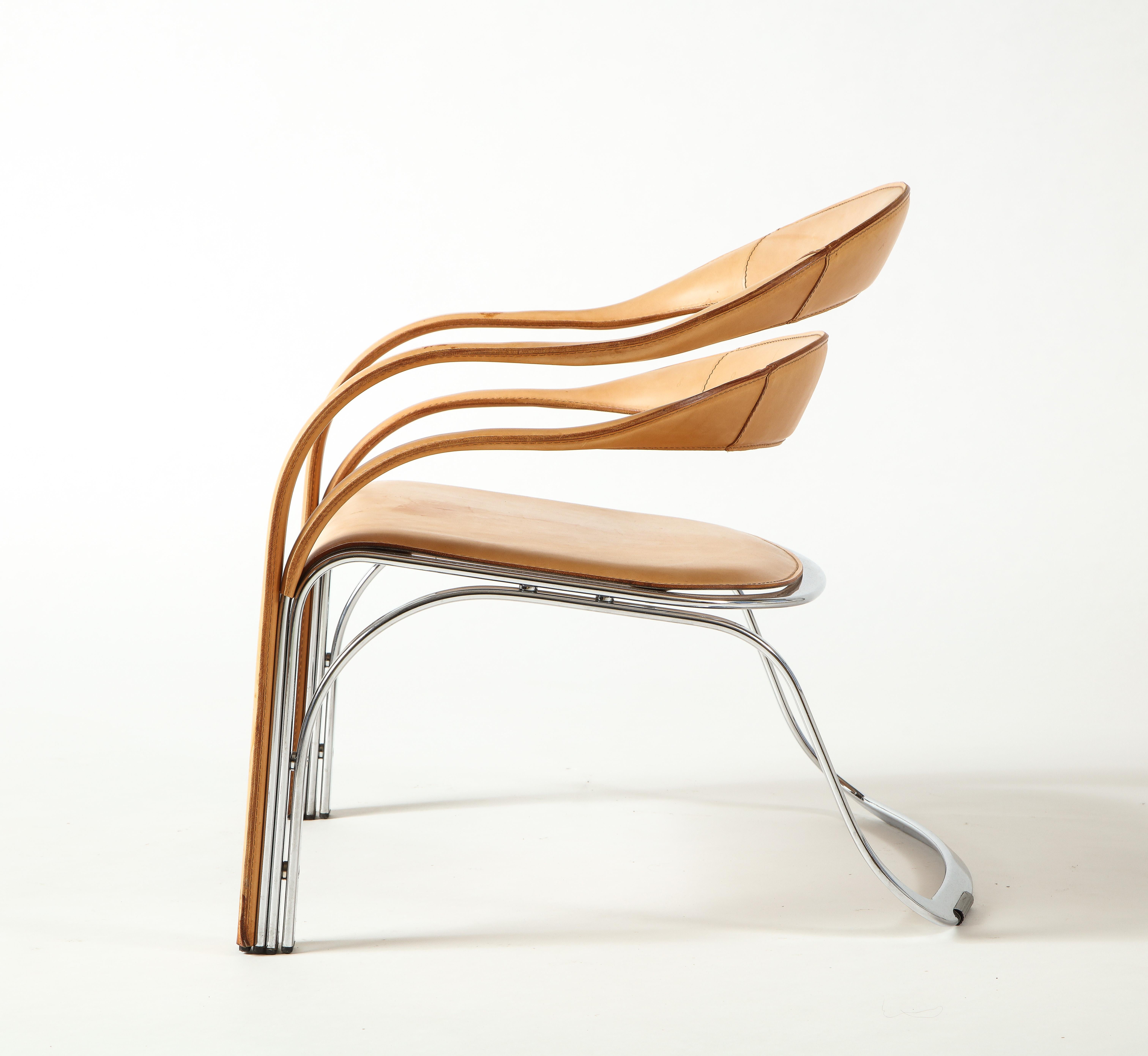 Pair of Vladimir Kagan Fettucini Lounge Chair in Sienna Leather Seats In Good Condition For Sale In Clifton, NJ