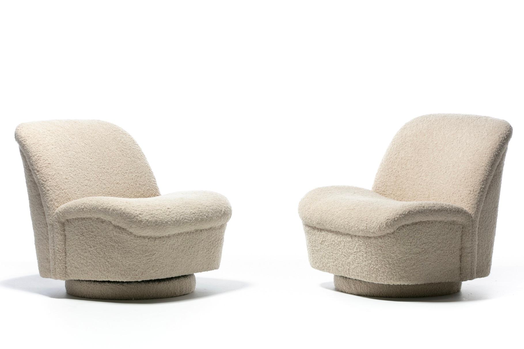 Pair of Directional Post Modern Swivel Chairs and Ottoman in Ivory Bouclé For Sale 13