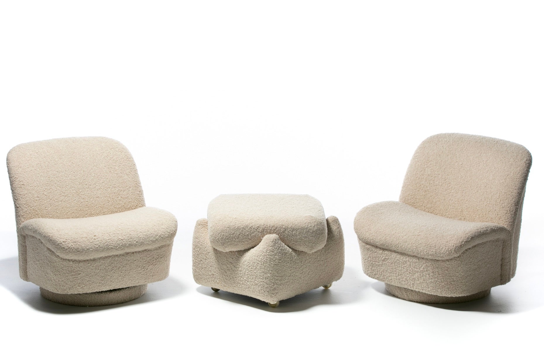 Mid-Century Modern Pair of Directional Post Modern Swivel Chairs and Ottoman in Ivory Bouclé For Sale