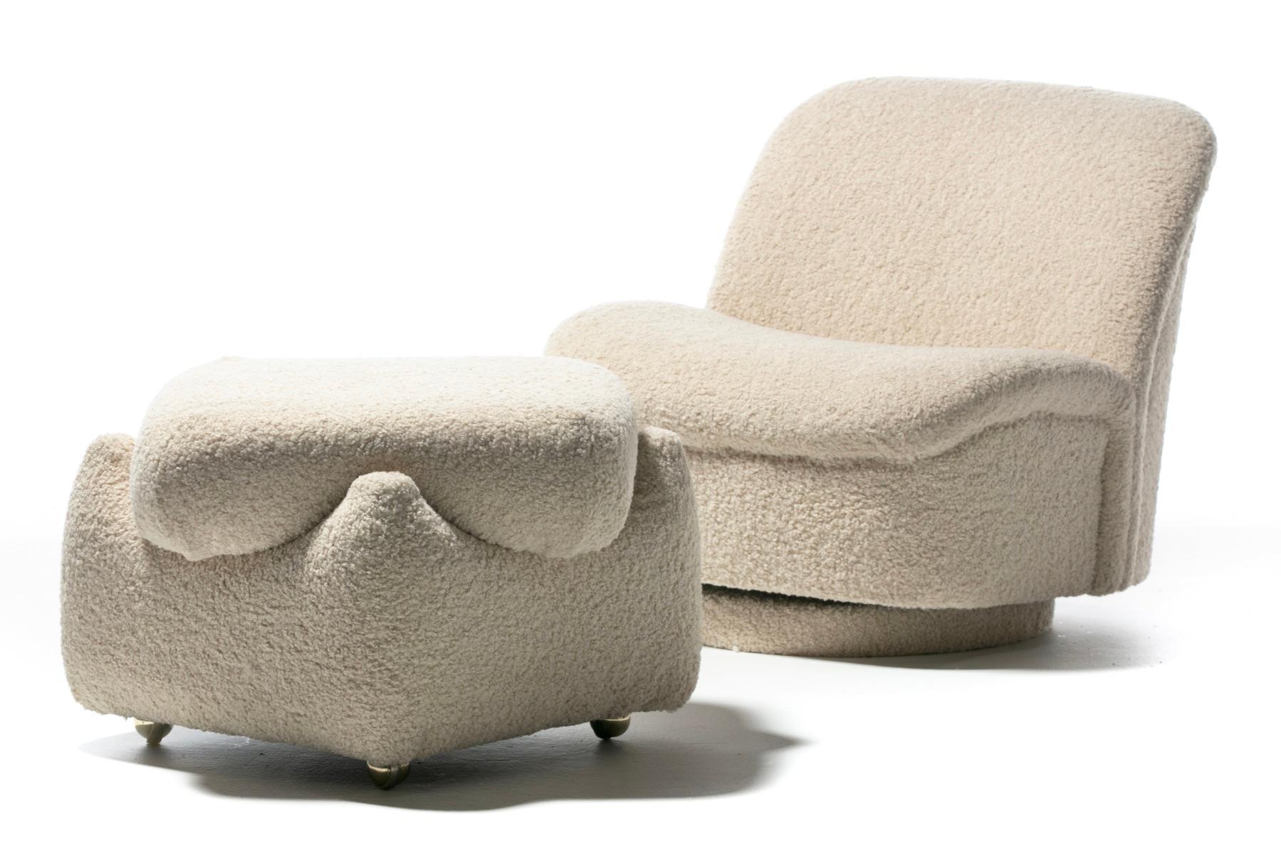 American Pair of Directional Post Modern Swivel Chairs and Ottoman in Ivory Bouclé For Sale