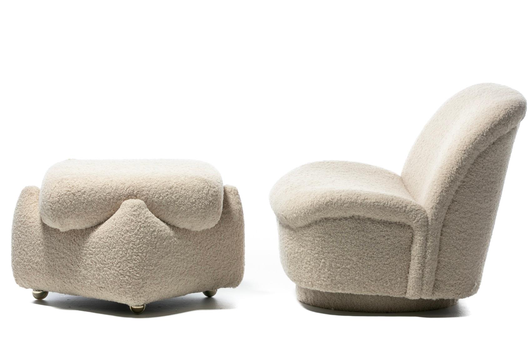 Pair of Directional Post Modern Swivel Chairs and Ottoman in Ivory Bouclé In Good Condition For Sale In Saint Louis, MO