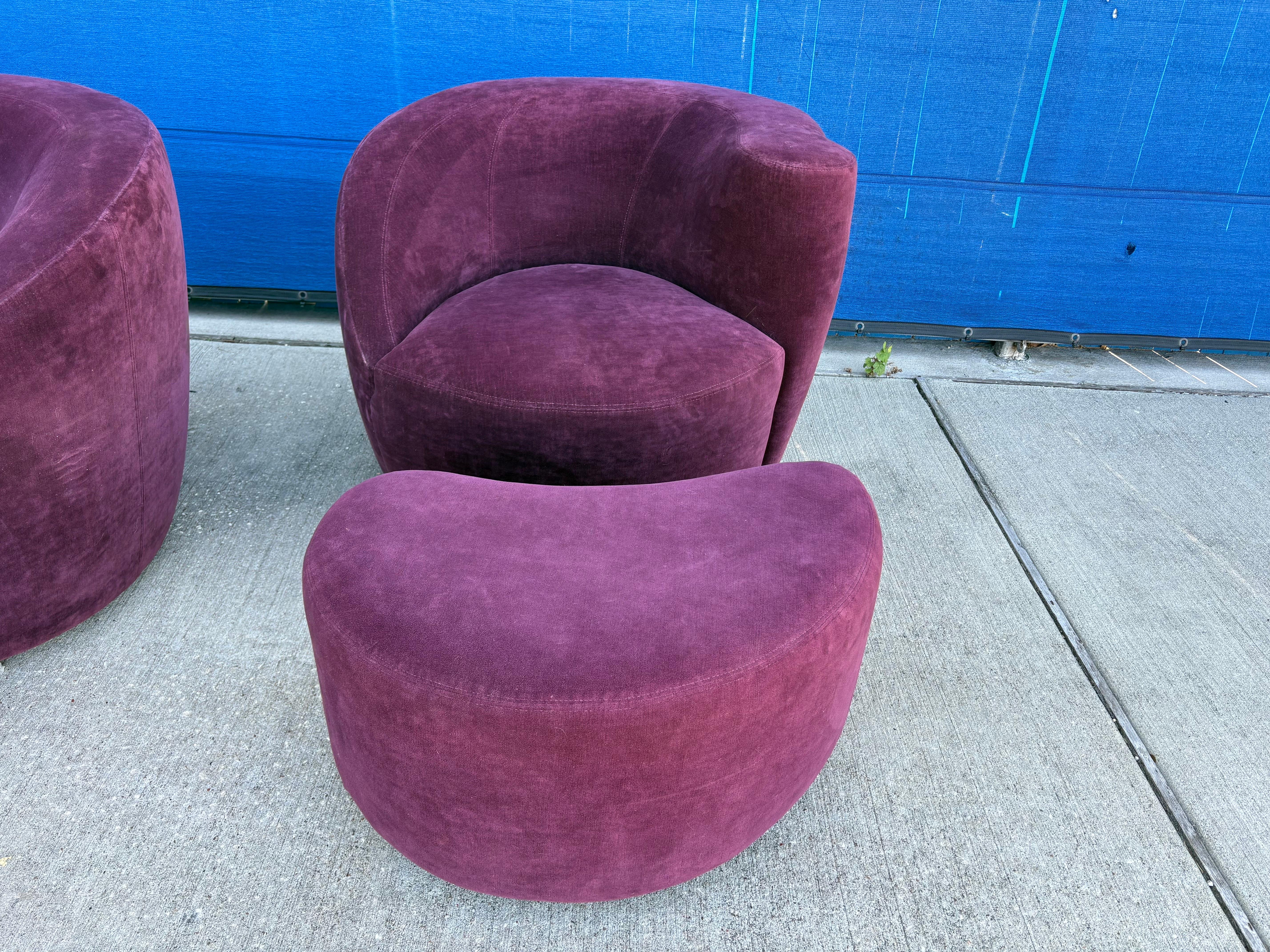 Pair Of Vladimir Kagan Nautilus Chairs And Ottomans (Samt) im Angebot