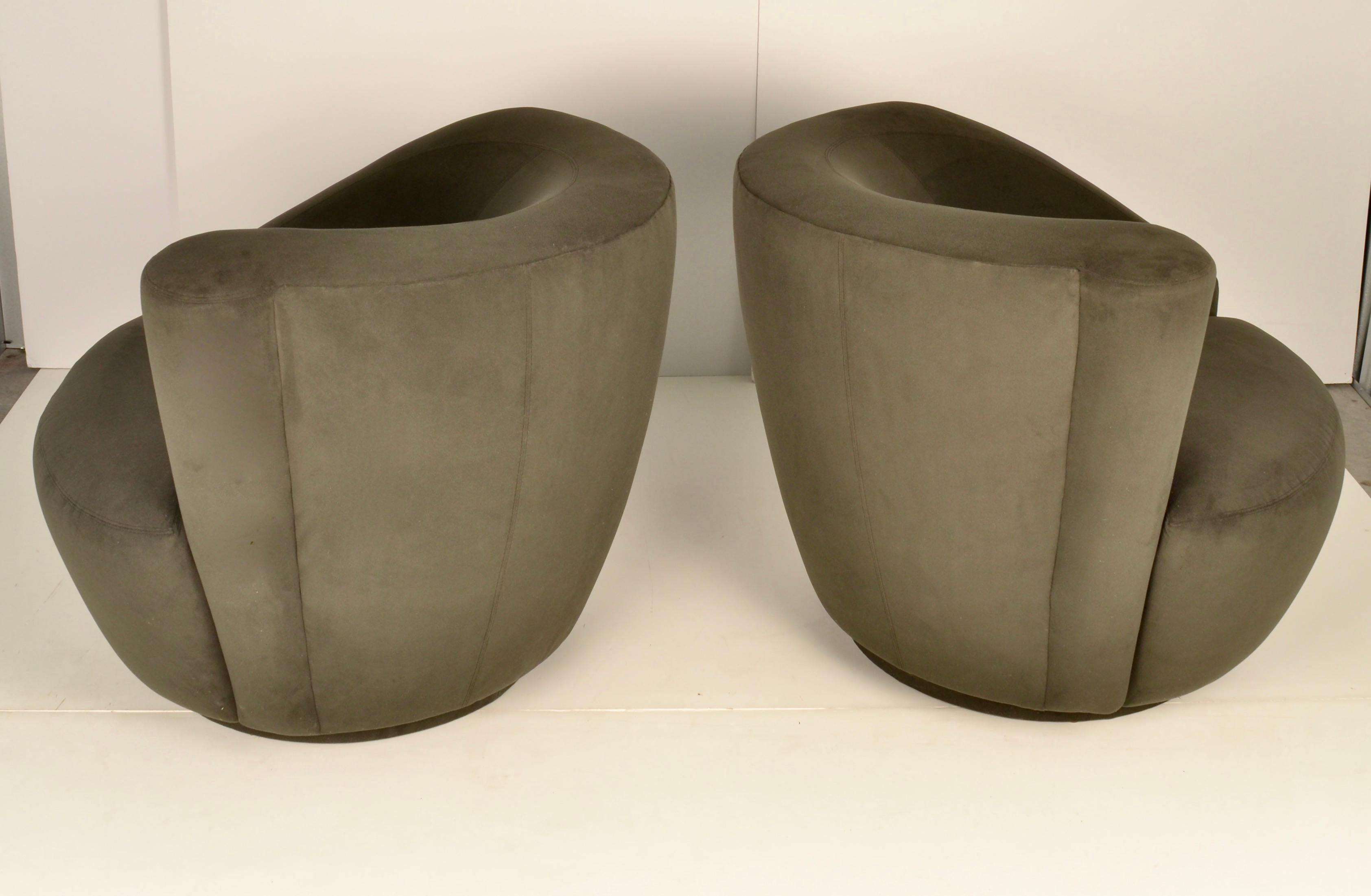 Pair of Vladimir Kagan Nautilus Swivel Chairs in Gray-Green Velvet In Good Condition In Norwalk, CT
