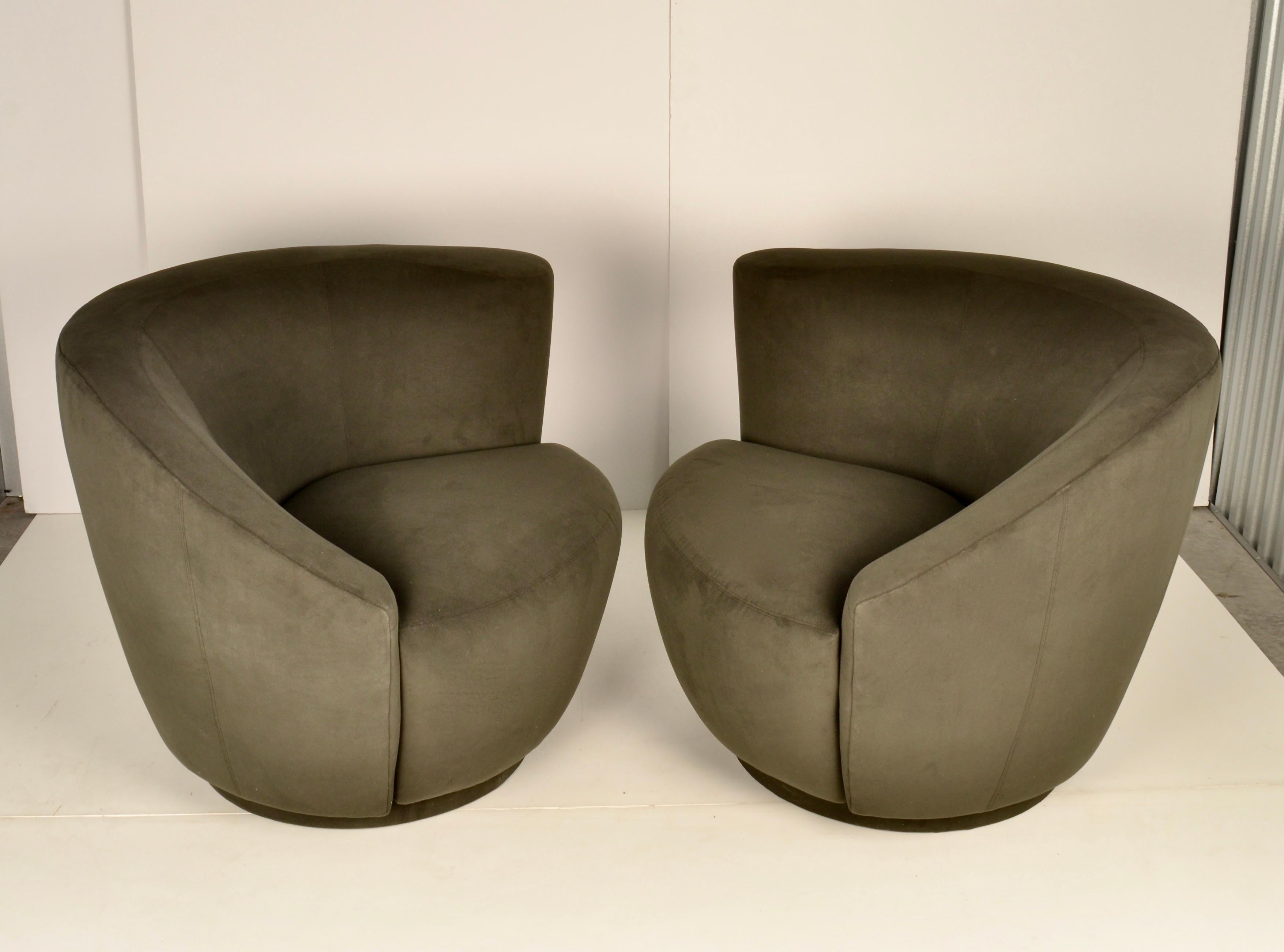 Late 20th Century Pair of Vladimir Kagan Nautilus Swivel Chairs in Gray-Green Velvet