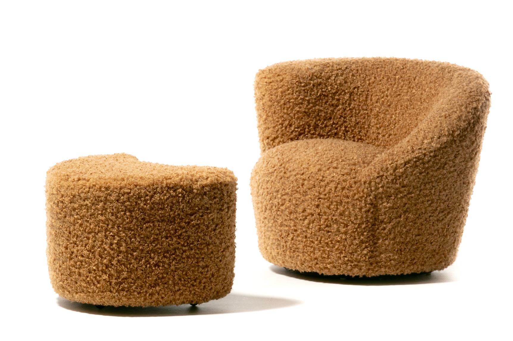 These classic Vladimir Kagan Nautilus swivel lounge chairs are sculptural, comfortable and fun, and were recently professionally reupholstered in super soft curly camel. Modern with a warm and inviting texture. Corkscrew shape with sloped back and