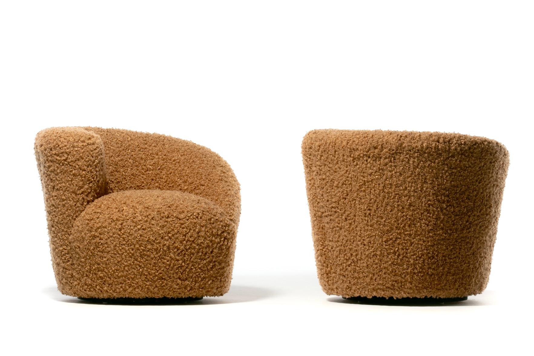 American Pair of Vladimir Kagan Nautilus Swivel Lounge Chairs and Ottoman in Curly Camel For Sale
