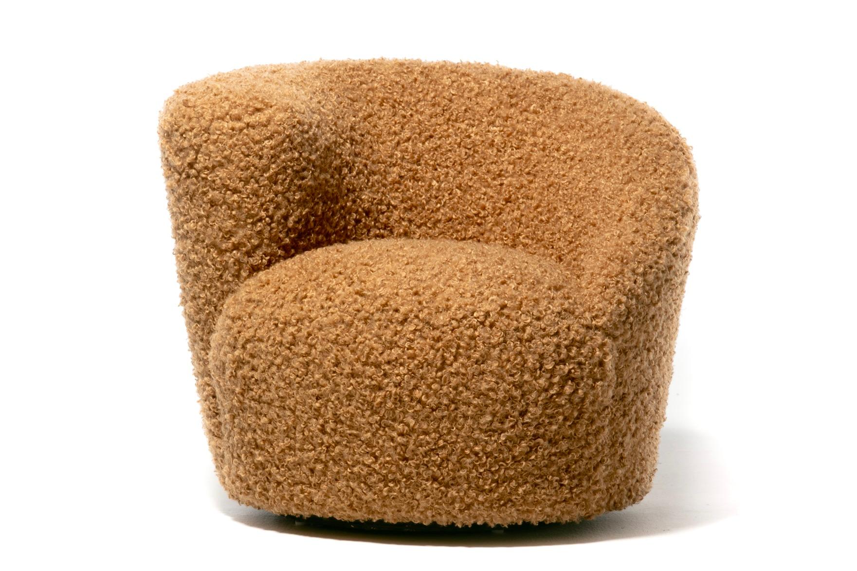 Pair of Vladimir Kagan Nautilus Swivel Lounge Chairs and Ottoman in Curly Camel For Sale 1