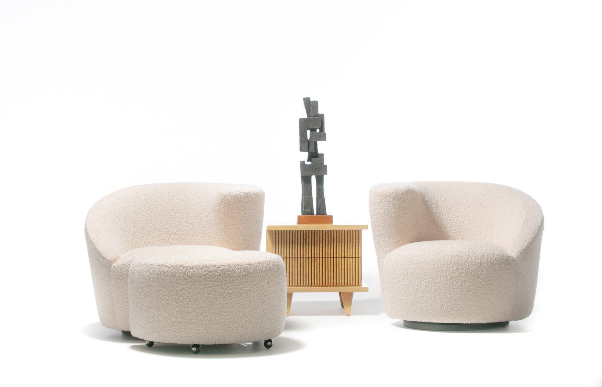 Pair of Vladimir Kagan Nautilus Swivel Lounge Chairs and Ottoman in Ivory Bouclé For Sale 1