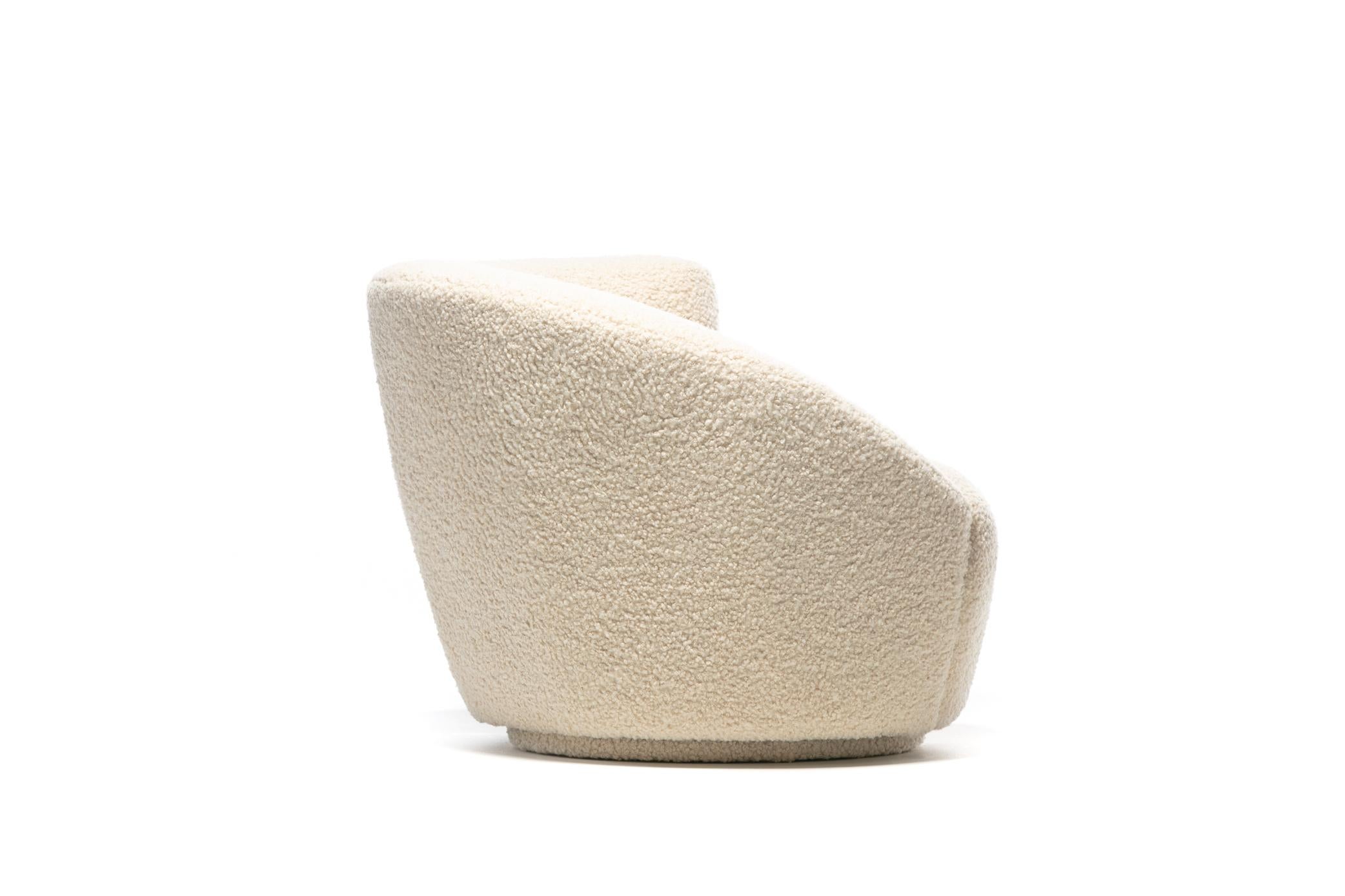 Pair of Vladimir Kagan Nautilus Swivel Lounge Chairs and Ottoman in Ivory Bouclé For Sale 7