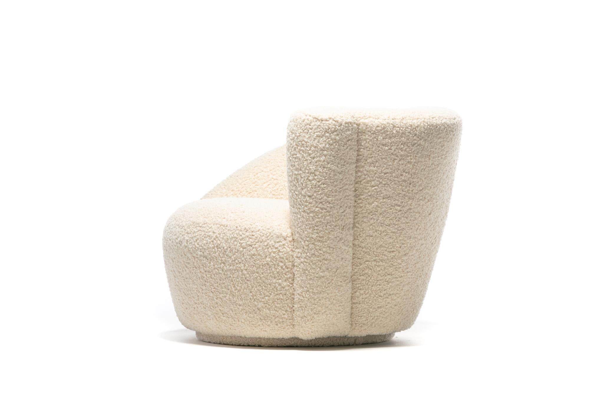 Pair of Vladimir Kagan Nautilus Swivel Lounge Chairs and Ottoman in Ivory Bouclé For Sale 8