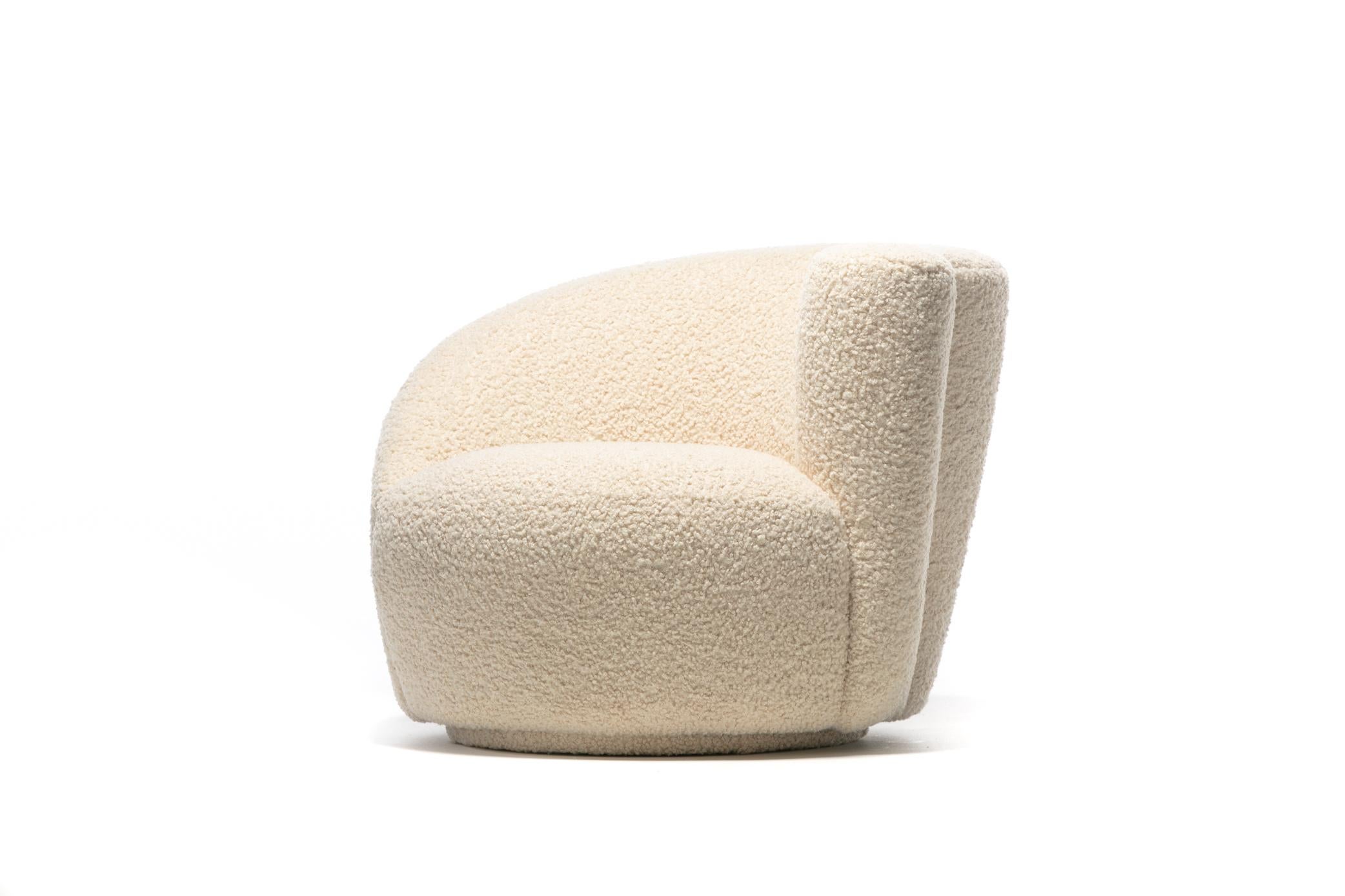 Pair of Vladimir Kagan Nautilus Swivel Lounge Chairs and Ottoman in Ivory Bouclé For Sale 9