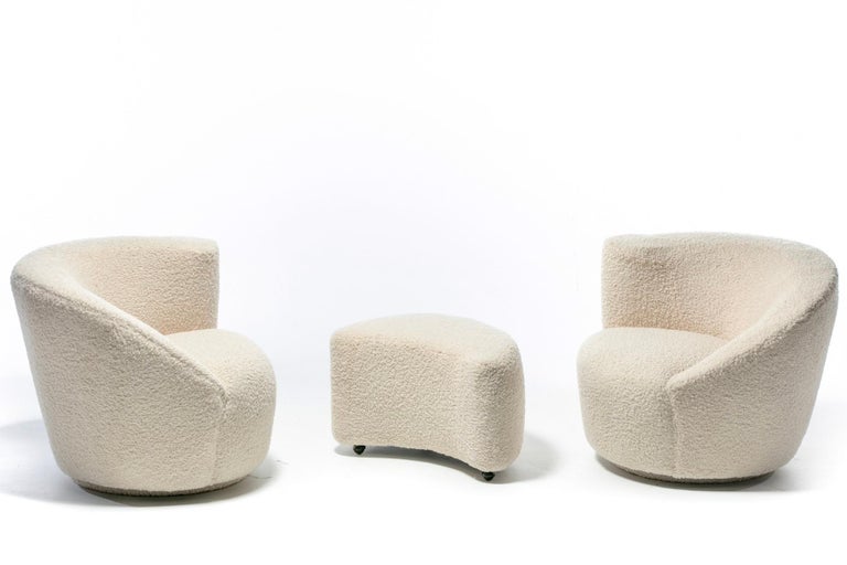 Pair of Vladimir Kagan Nautilus Swivel Lounge Chairs and Ottoman in Ivory Bouclé For Sale 13
