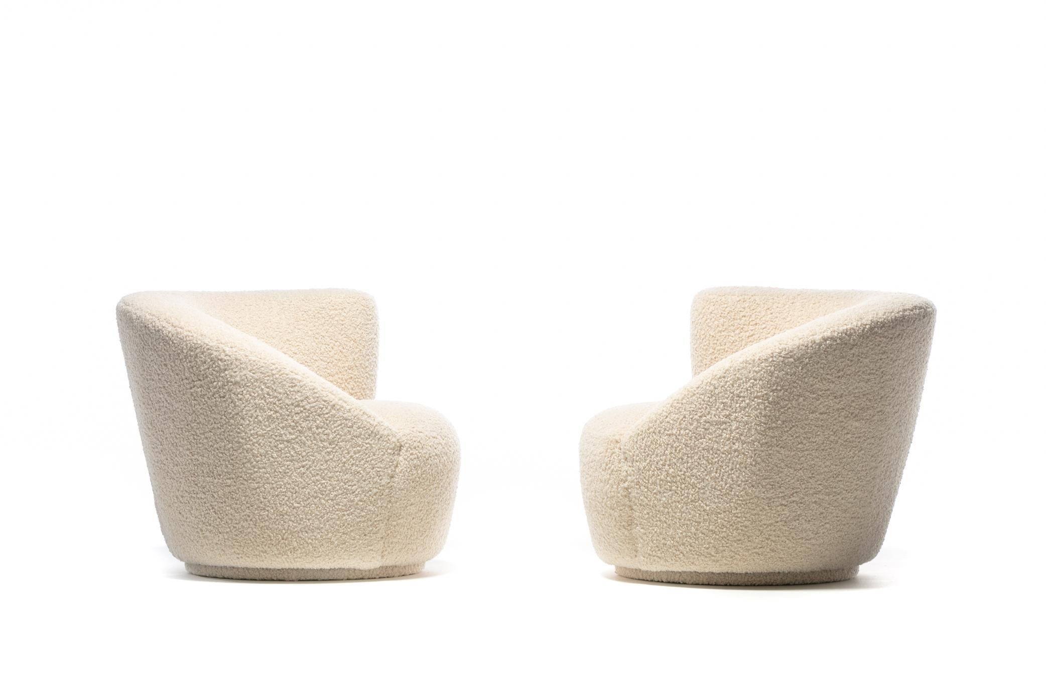Pair of Vladimir Kagan Nautilus Swivel Lounge Chairs and Ottoman in Ivory Bouclé For Sale 1