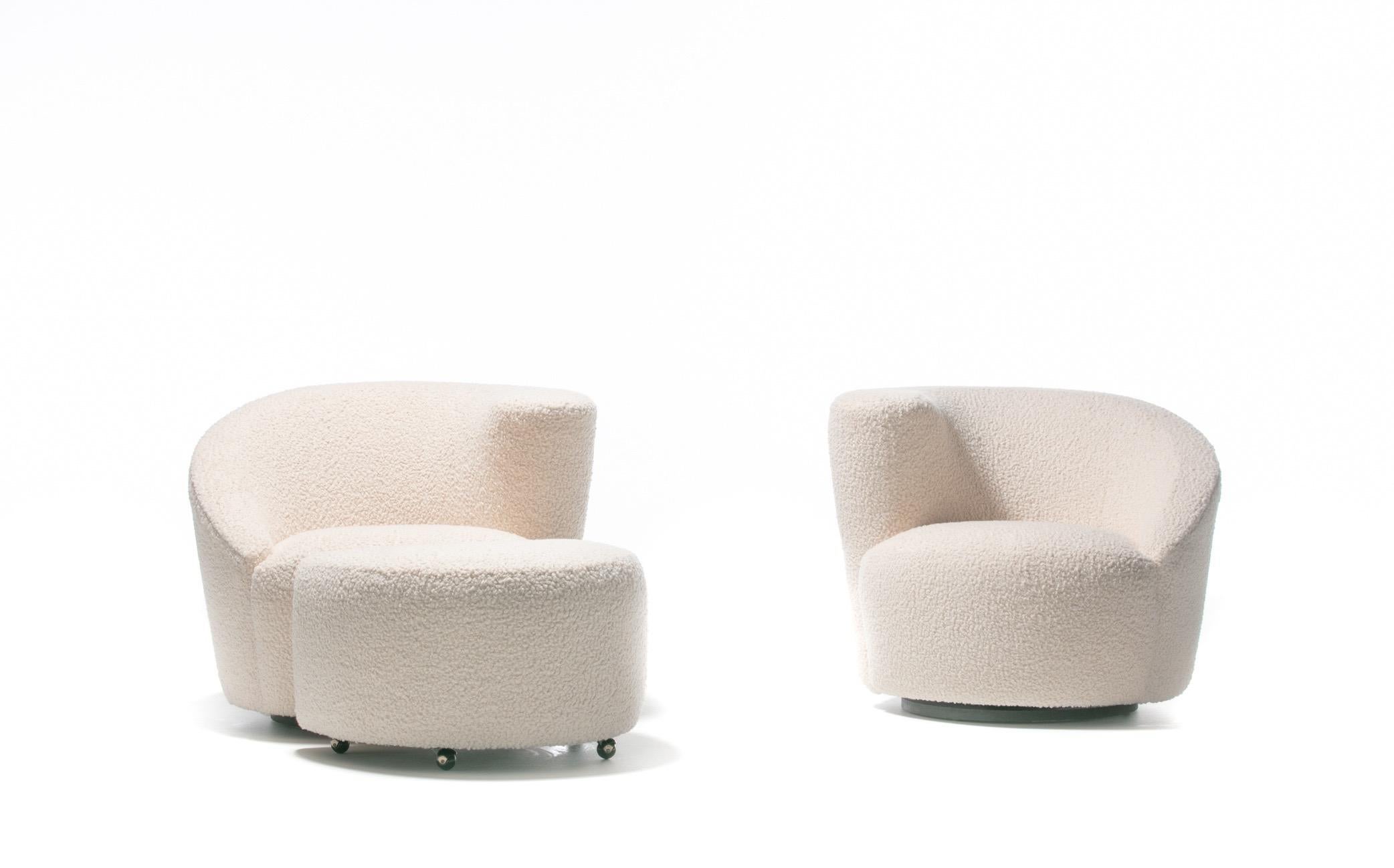 20th Century Pair of Vladimir Kagan Nautilus Swivel Lounge Chairs and Ottoman in Ivory Bouclé For Sale