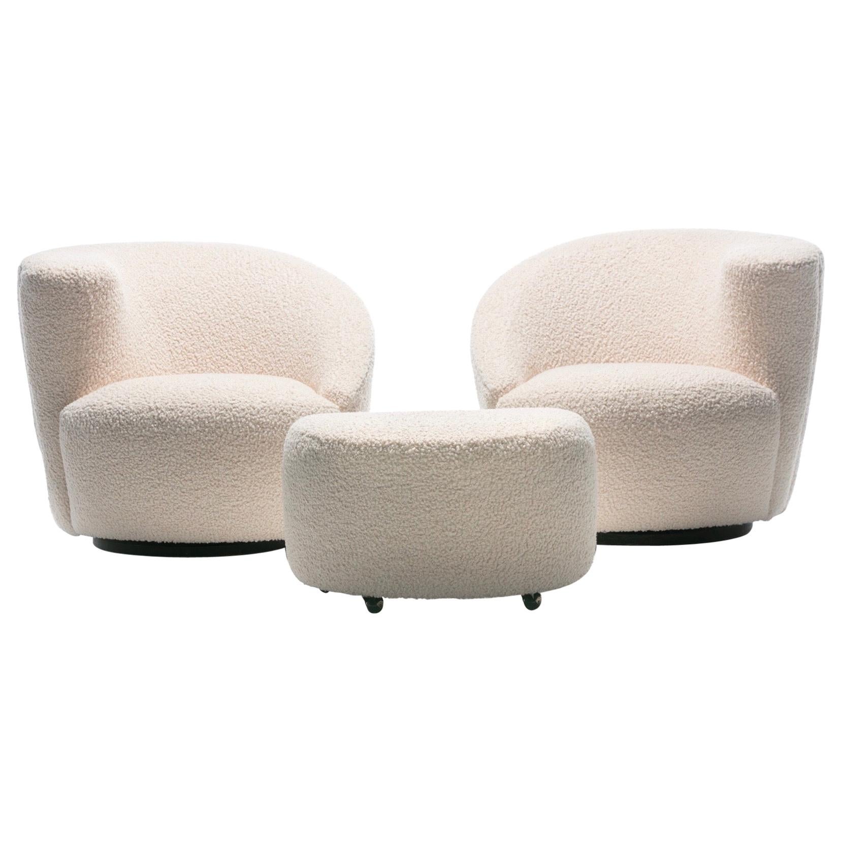 Pair of Vladimir Kagan Nautilus Swivel Lounge Chairs and Ottoman in Ivory Bouclé