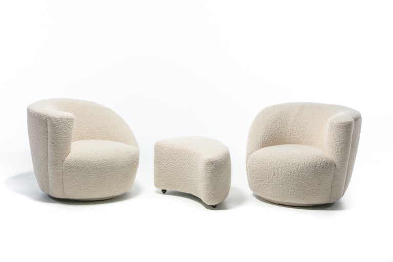 Pair of Vladimir Kagan Nautilus Swivel Lounge Chairs and Ottoman in Ivory Bouclé For Sale