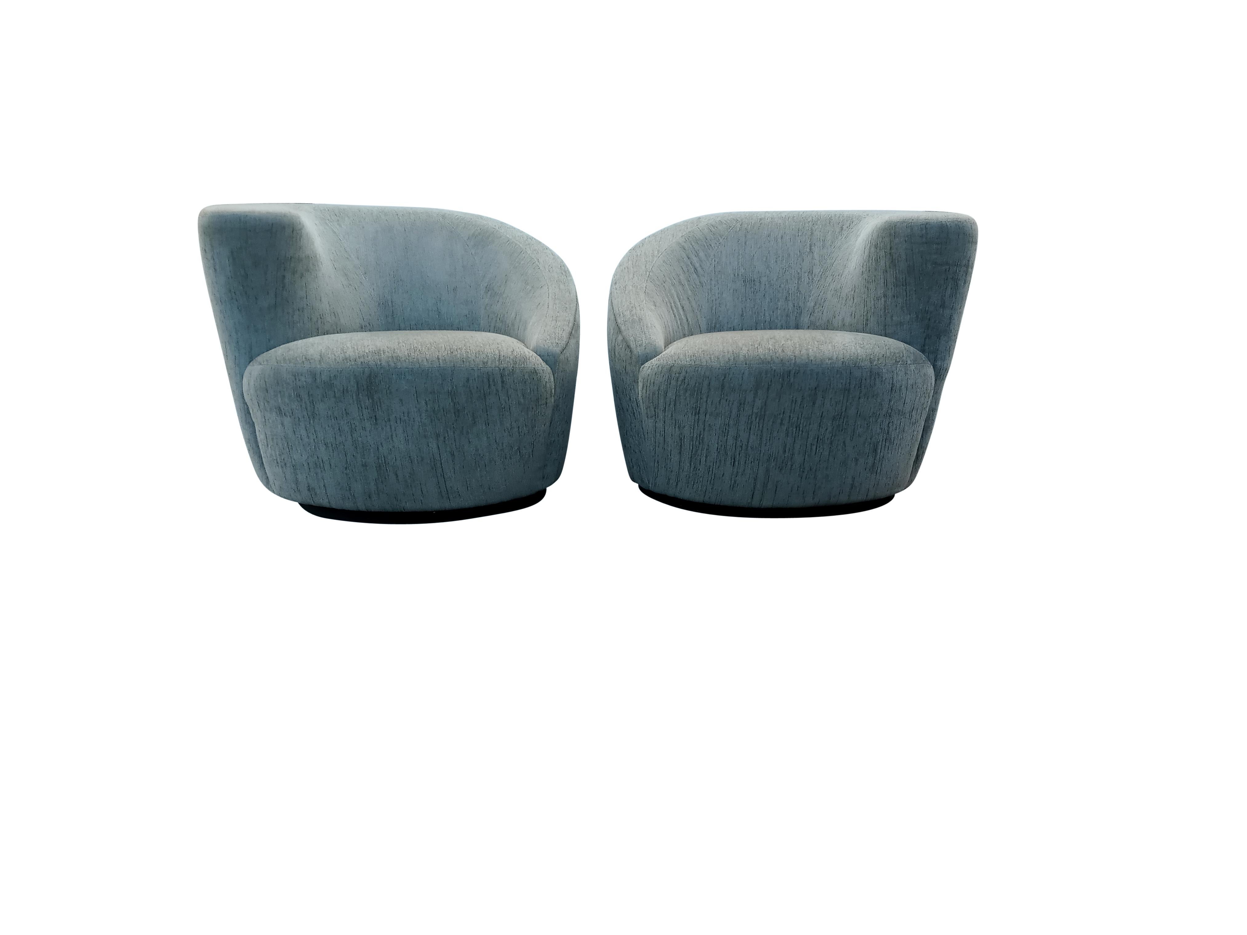 Mid-Century Modern Pair Vladimir Kagan Attribution Nautilus Style Swivel Lounge Chairs Sage Green