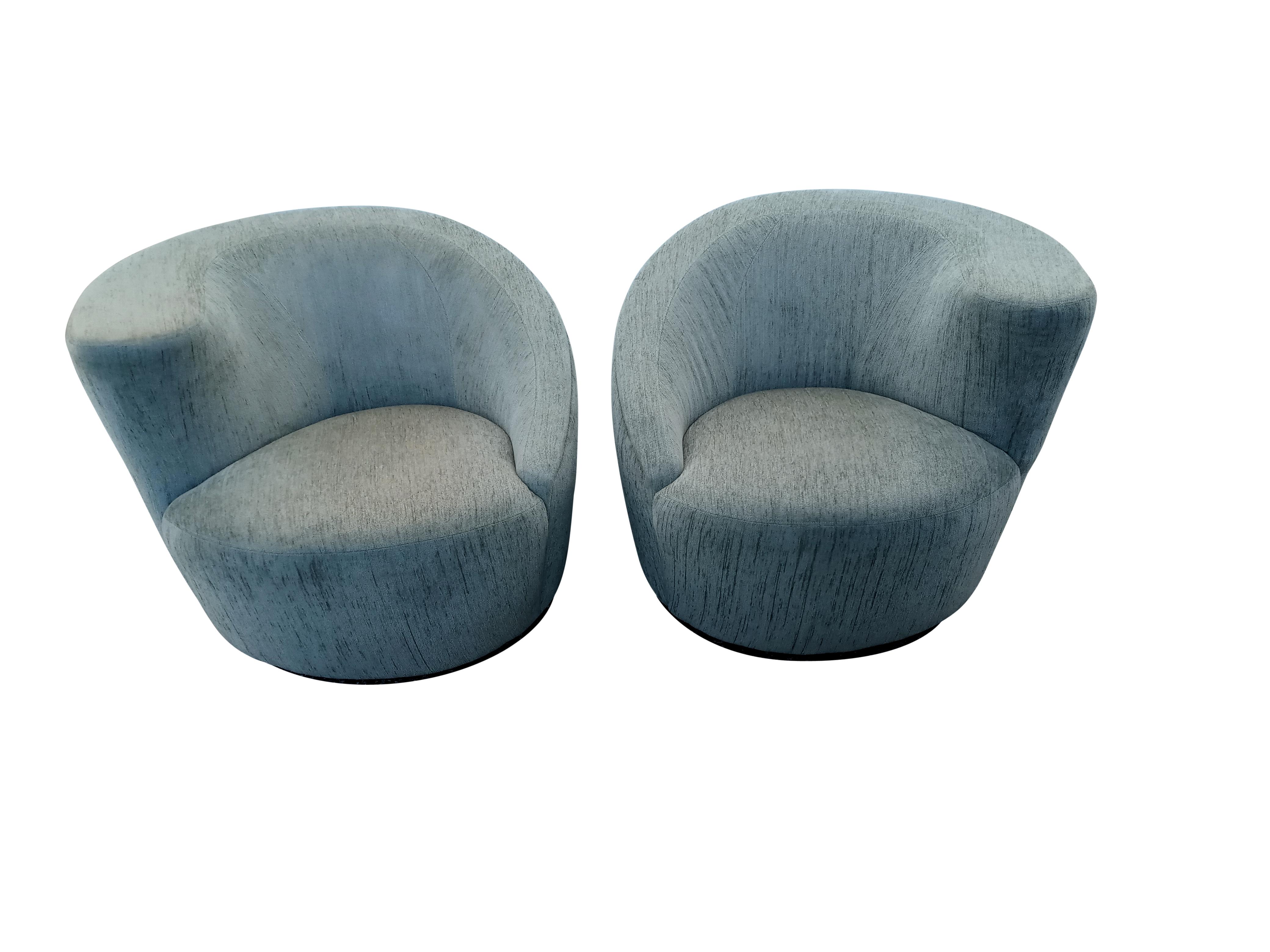 American Pair Vladimir Kagan Attribution Nautilus Style Swivel Lounge Chairs Sage Green
