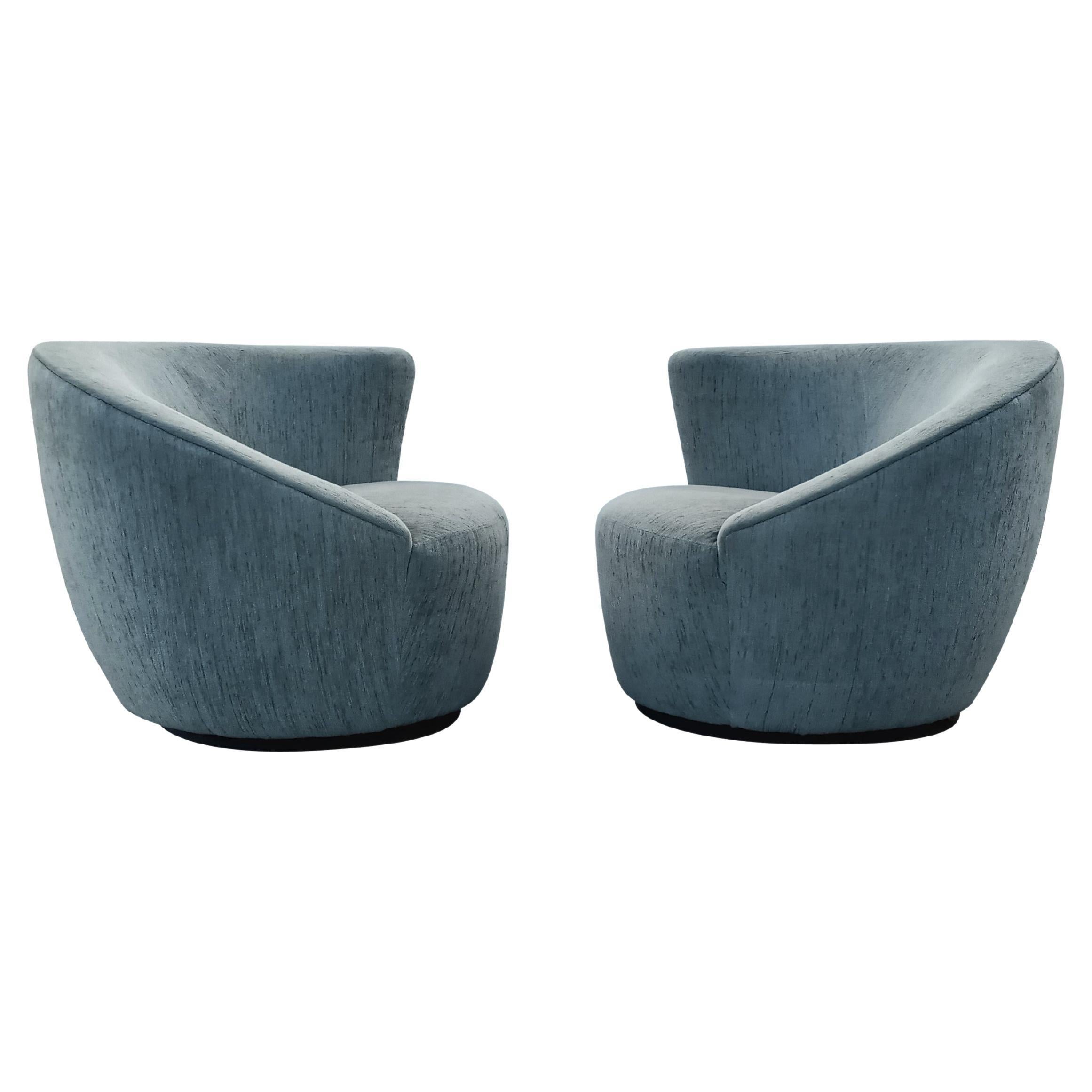 Pair Vladimir Kagan Attribution Nautilus Style Swivel Lounge Chairs Sage Green