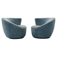Pair Vladimir Kagan Attribution Nautilus Style Swivel Lounge Chairs Sage Green