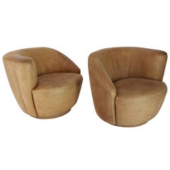 Vintage Pair of Vladimir Kagan Nautilus Tan Leather Swivel Lounge Chairs