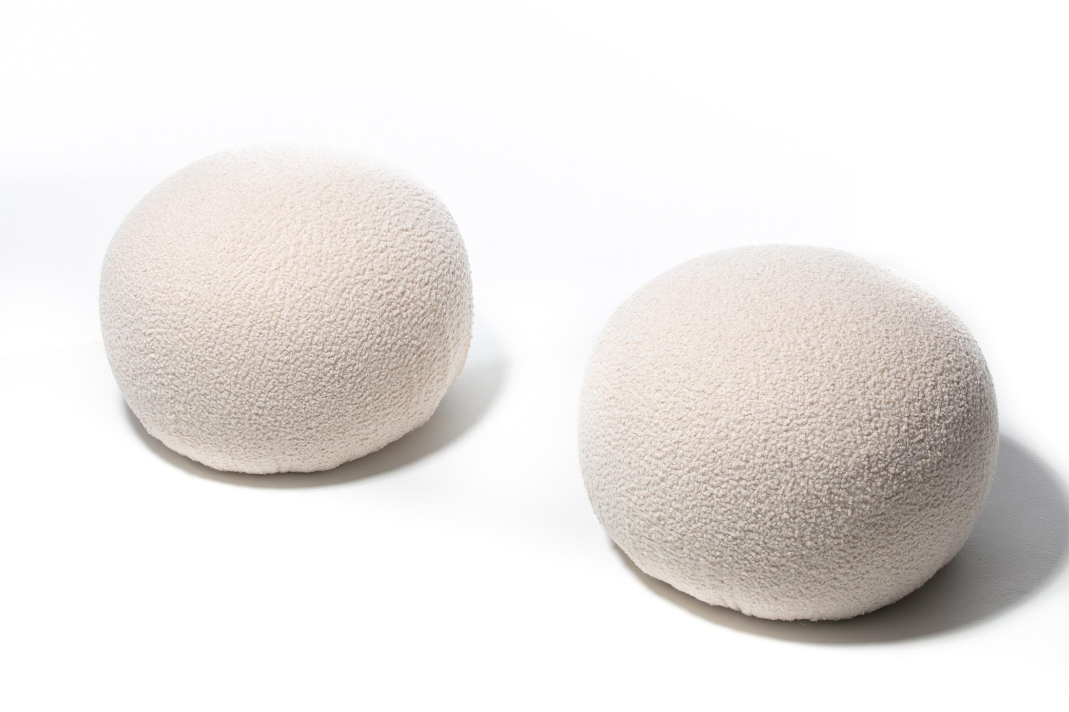 American Pair of Directional Poufs Ottomans in Ivory White Bouclé