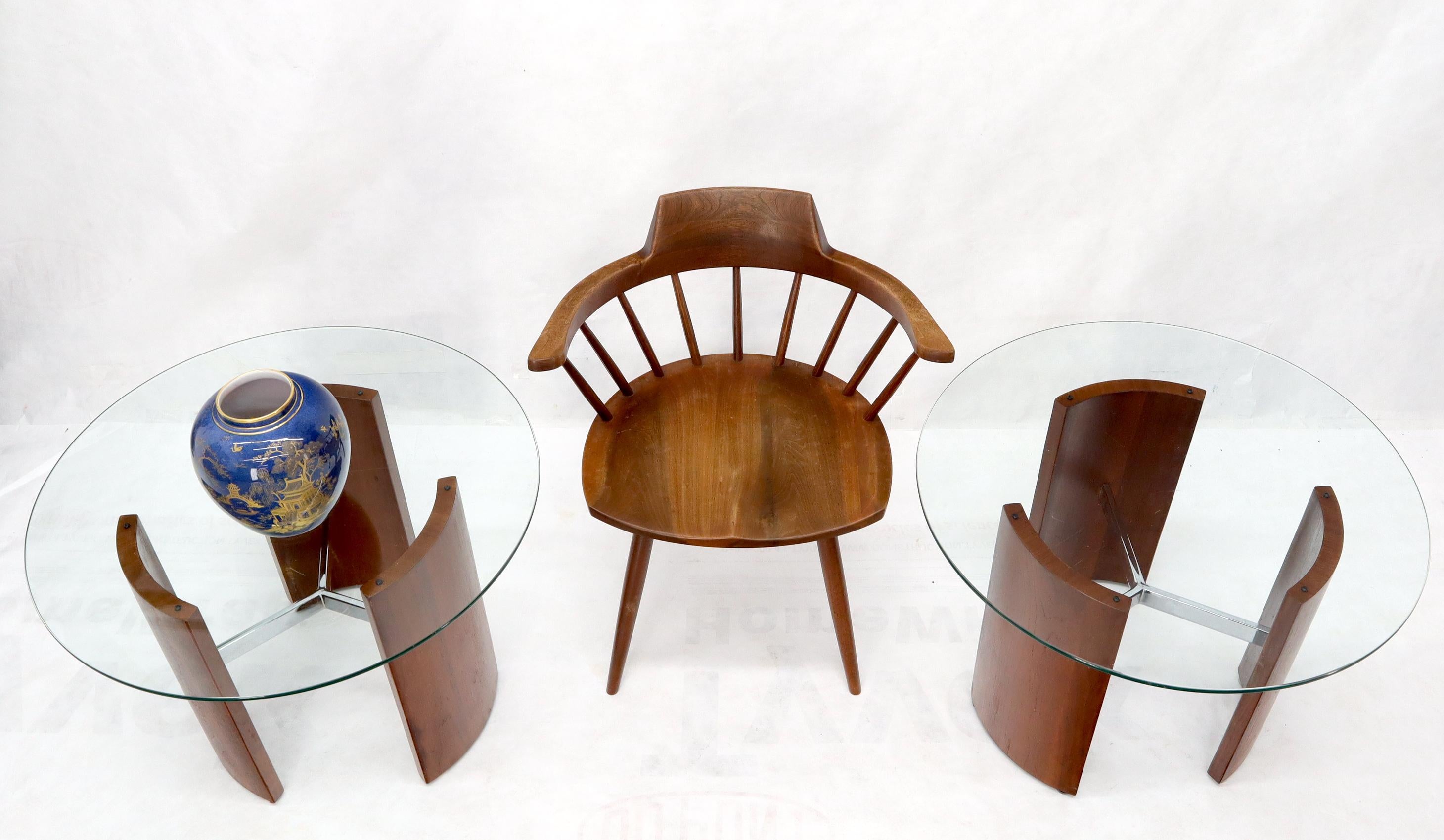 Pair of Mid-Century Modern walnut chrome and glass tops round end side tables MINT!