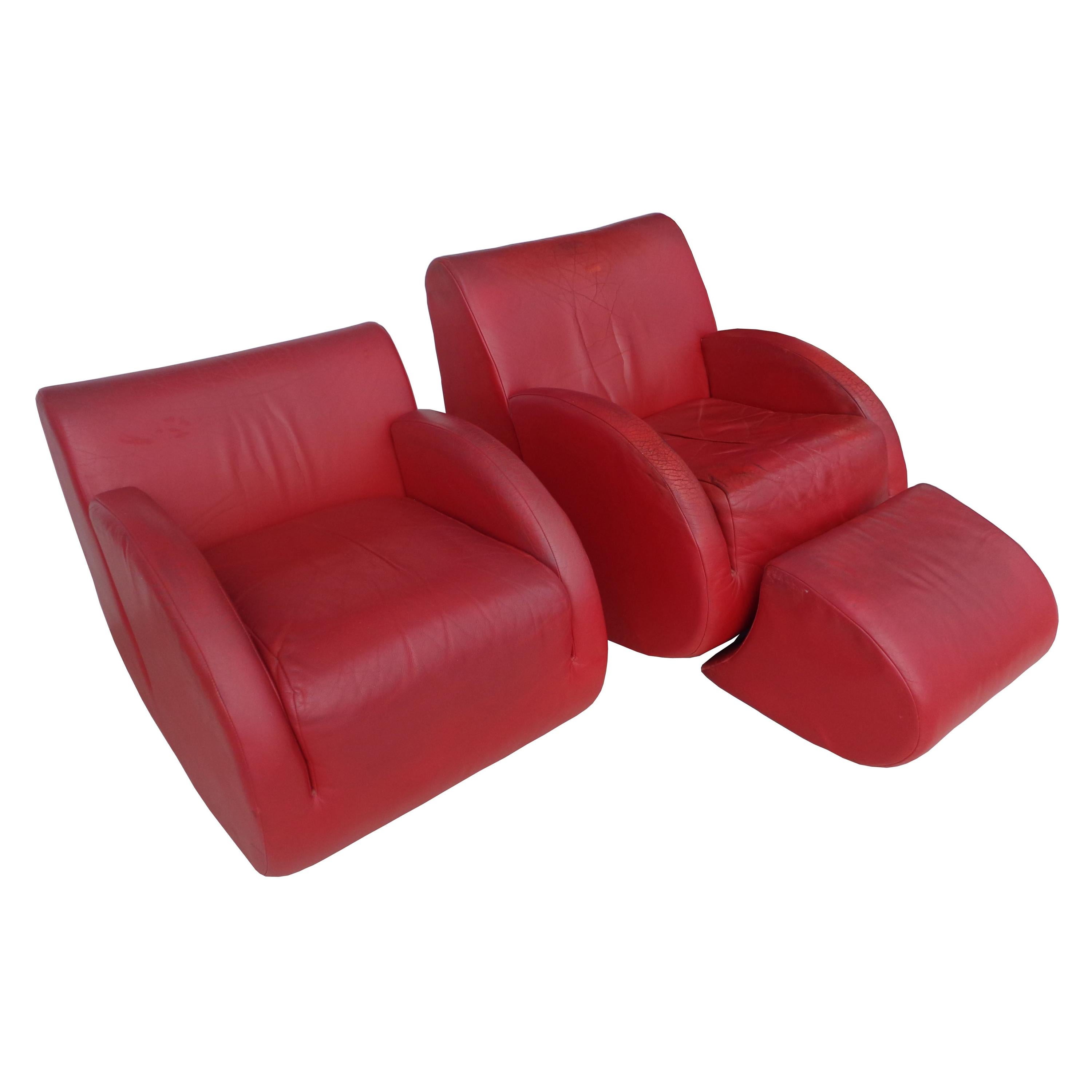 Pair of Vladimir Kagan "Rock Star" His and Her Lounge Chairs and Ottoman For Sale