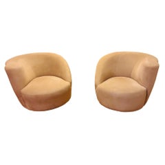 Pair of Vladimir Kagan Style Swivel Chairs and Crescent Ottoman in Microsuede