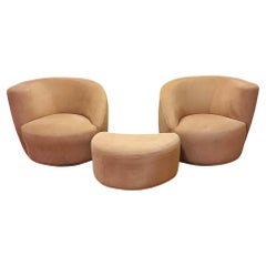 Pair of Vladimir Kagan Style Swivel Chairs and Crescent Ottoman in Microsuede
