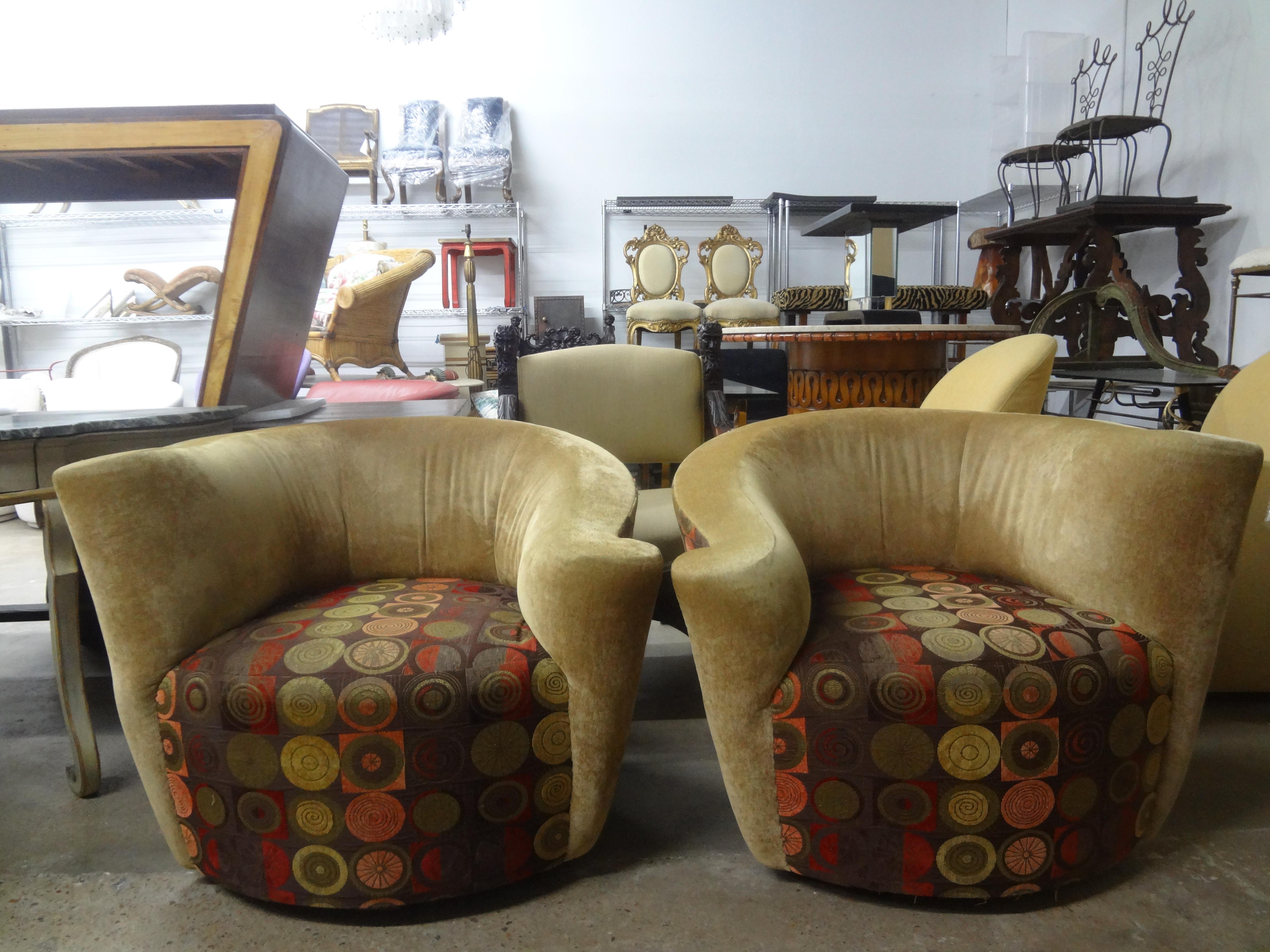 Pair Of Vladimir Kagan Swivel Chairs.
This handsome pair of Kagan swivel lounge chairs, club chairs or side chairs are a rare pair and extremely comfortable. Unfortunately the label is long gone as these have been newly upholstered twice since