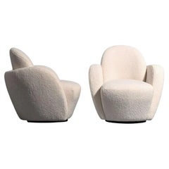 Pair of Vladimir Kagan Swivel Lounge Chairs in Ivory Bouclé