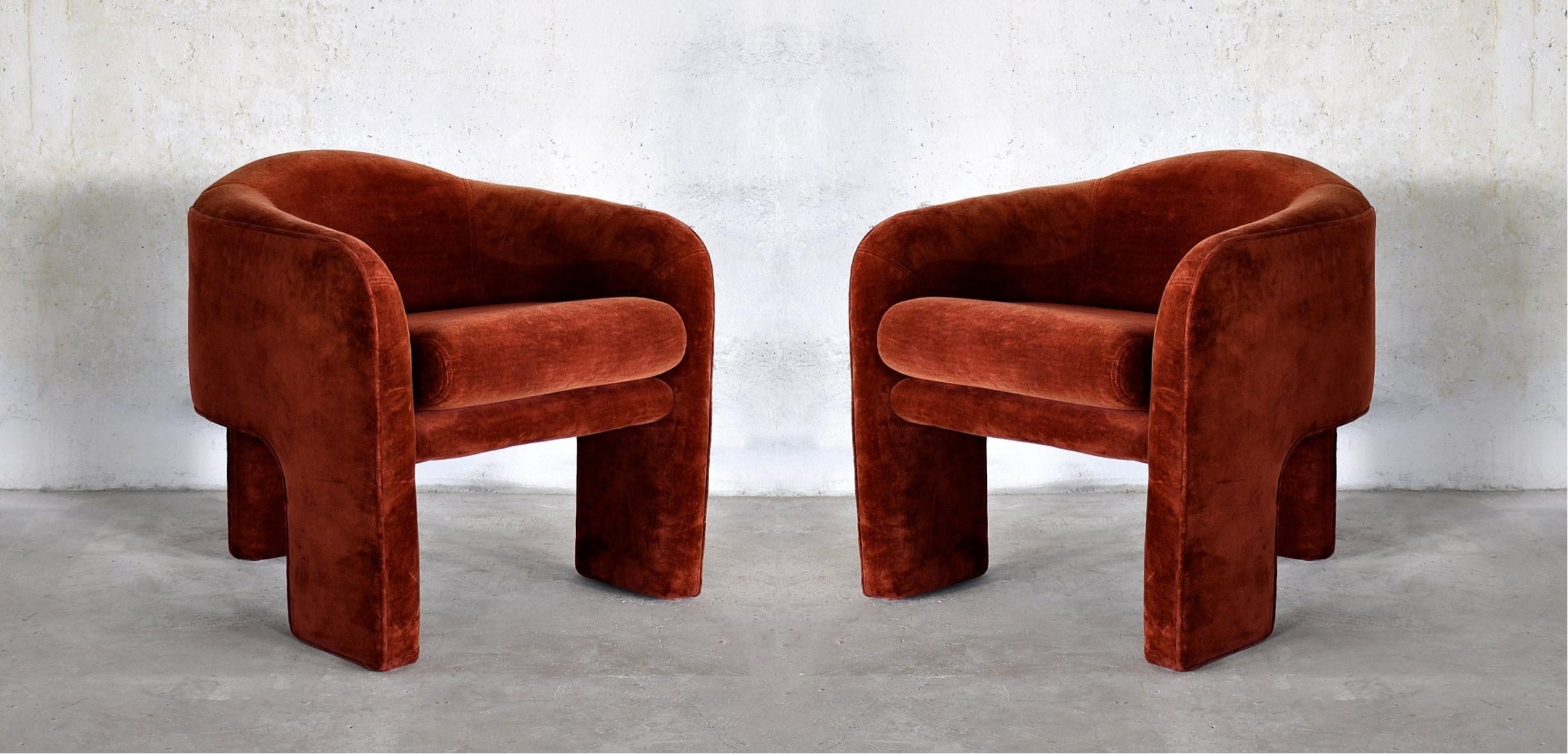 One-of-a-kind three-legged sculptural chairs manufactured by Weiman-Preview. Expertly restored and reupholstered. Dramatic design these chairs are show-stoppers. Marked 