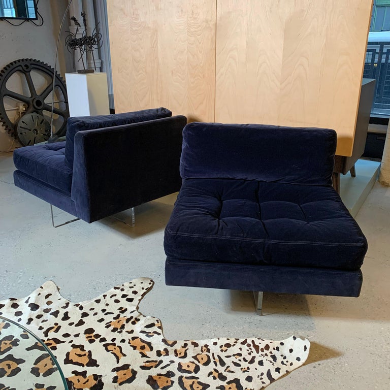 20th Century Pair of Vladimir Kagan Velvet Lounge Slipper Chairs with Lucite X Bases