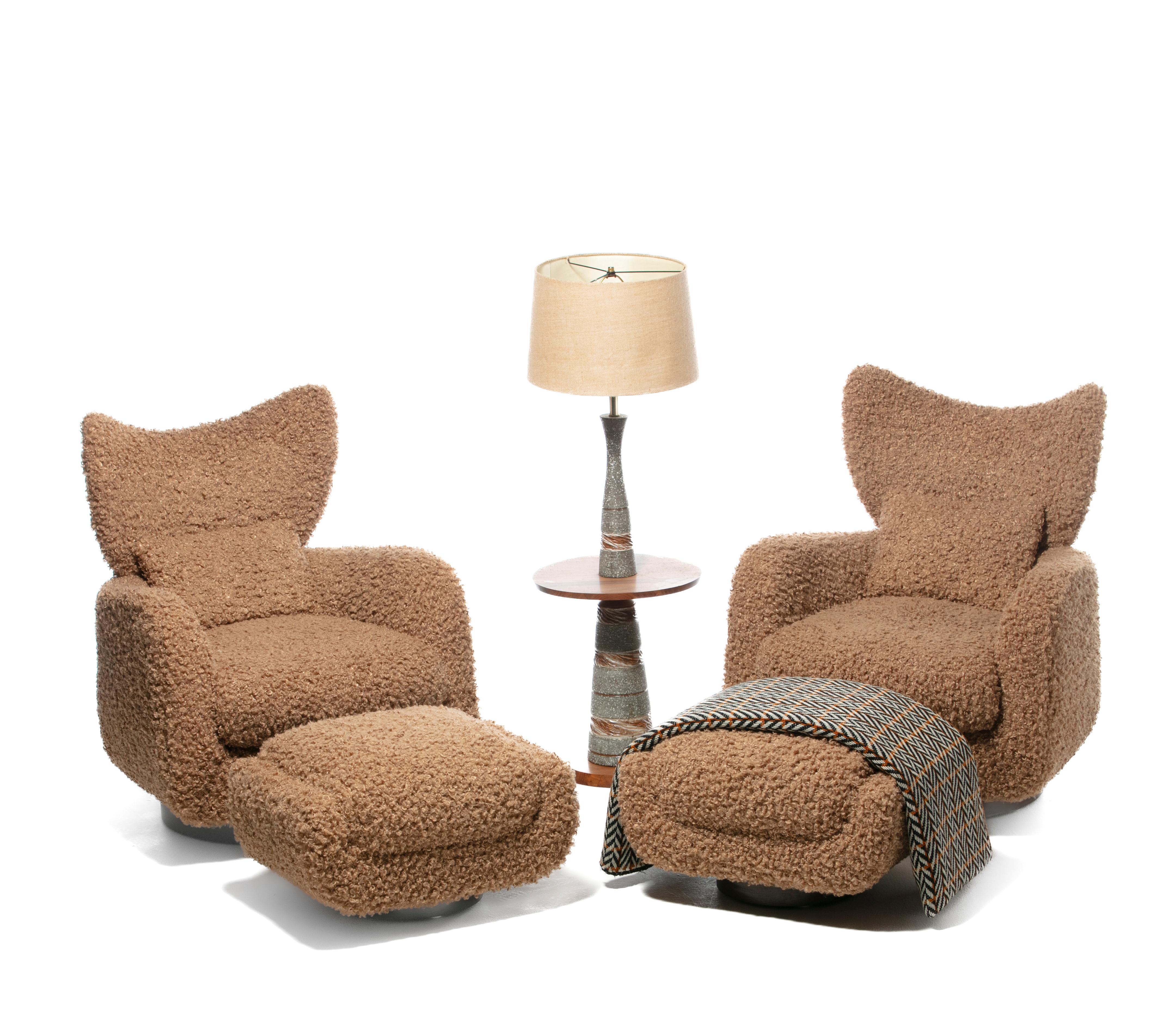 If you want to be the envy of your friends and fellow designers, here's how you do it. Rare pair of Vladimir Kagan Swivel Wingback Chairs for Directional with custom ottomans freshly and expertly upholstered in curly latte fabric. Sculptural and
