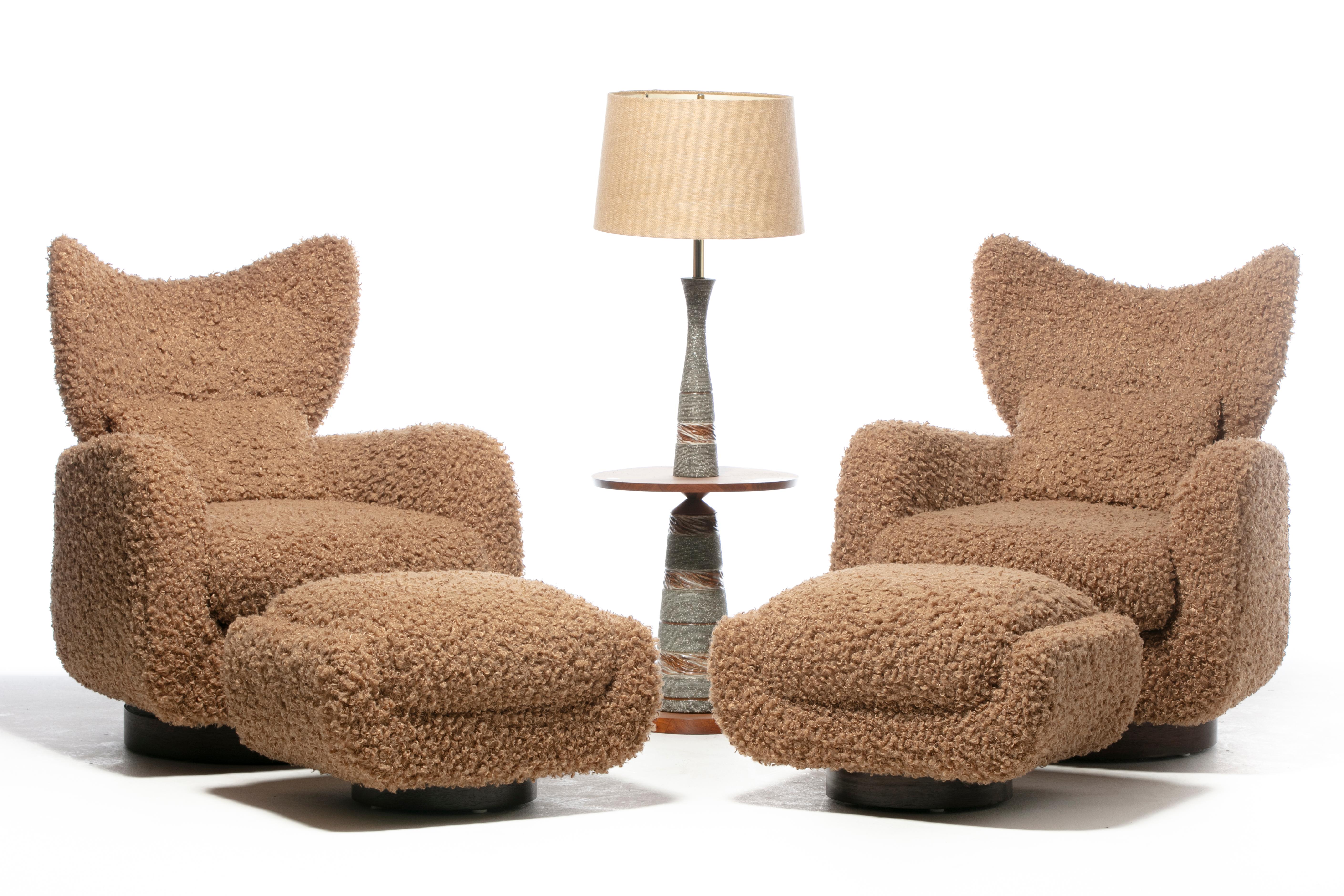 Pair of Vladimir Kagan Wingback Swivel Chairs & Ottomans in Curly Latte Fabric For Sale 14