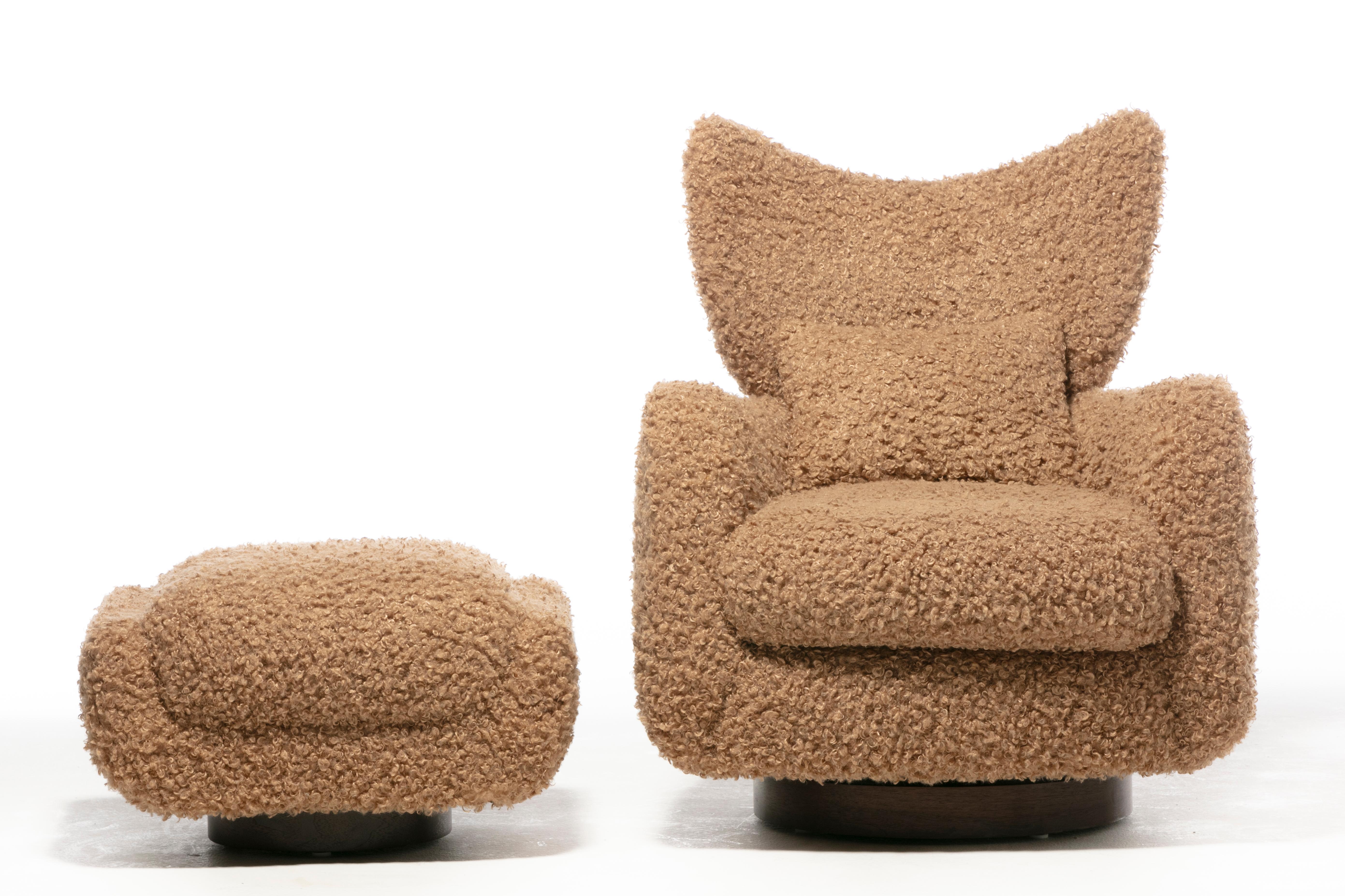 Pair of Vladimir Kagan Wingback Swivel Chairs & Ottomans in Curly Latte Fabric For Sale 1