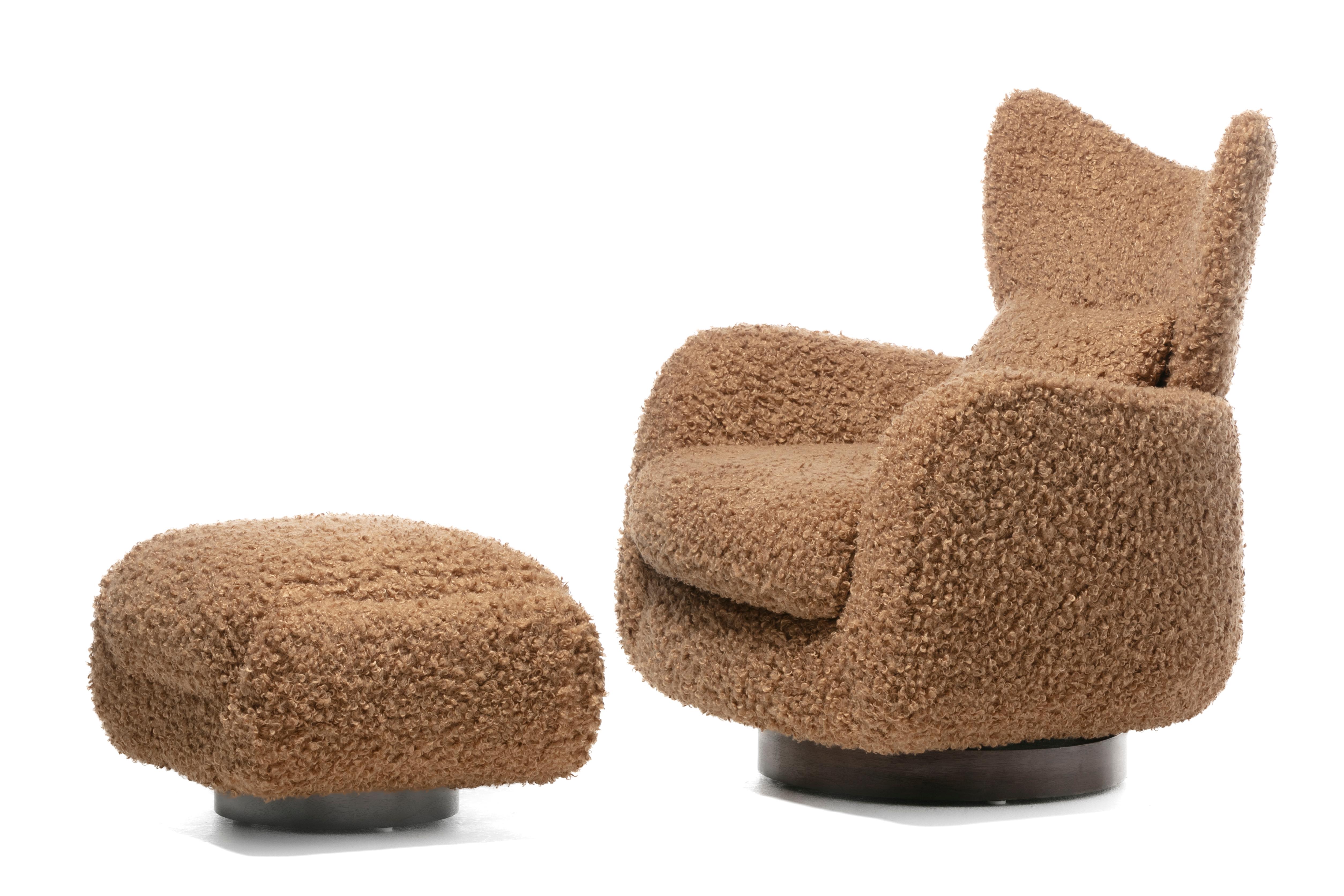 Pair of Vladimir Kagan Wingback Swivel Chairs & Ottomans in Curly Latte Fabric For Sale 3