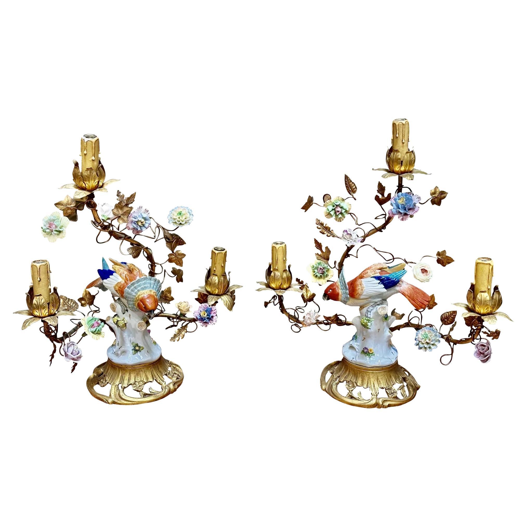 Pair of Volkstedt parrots mounted on French gilt table lamp, c. 1900