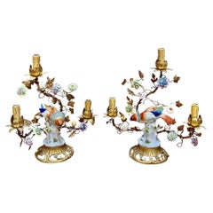 Antique Pair of Volkstedt parrots mounted on French gilt table lamp, c. 1900
